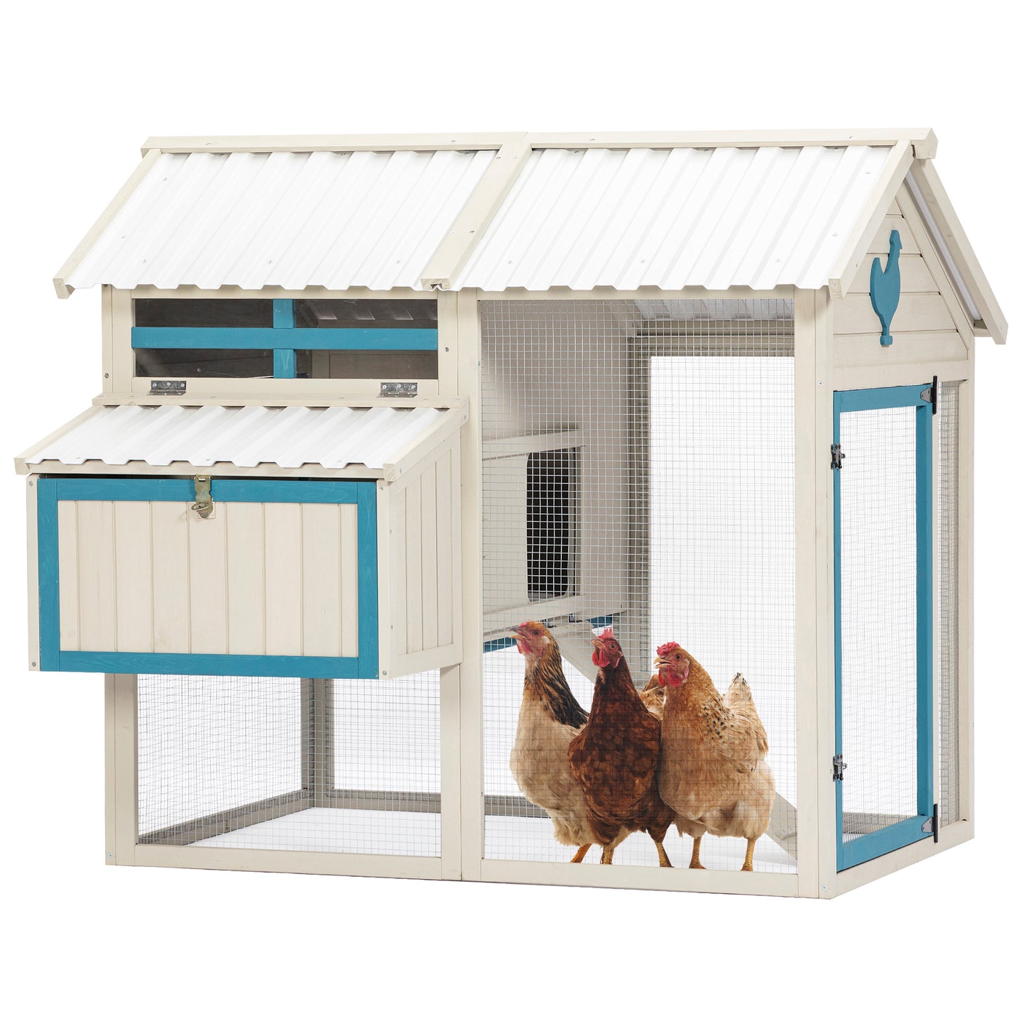 Weatherproof outdoor chicken coop with waterproof PVC roof. Outdoor chicken coop with removable bottom for easy cleaning.Large space Coop suitable for 6-8 chickens.