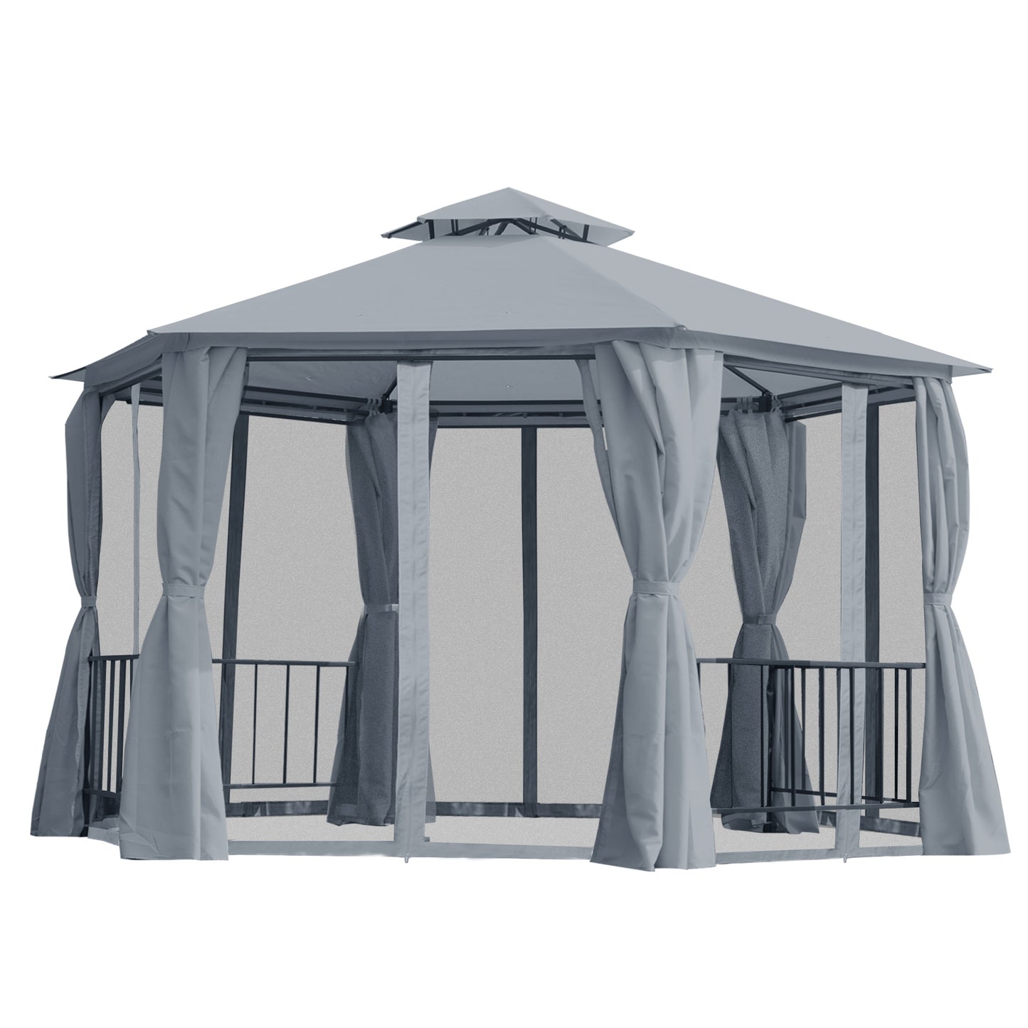 13' x 13' Patio Gazebo, Double Roof Hexagon Outdoor Gazebo Canopy Shelterwith Netting & Curtains, Solid Steel Frame for Garden, Lawn, Backyard and Deck, Grey