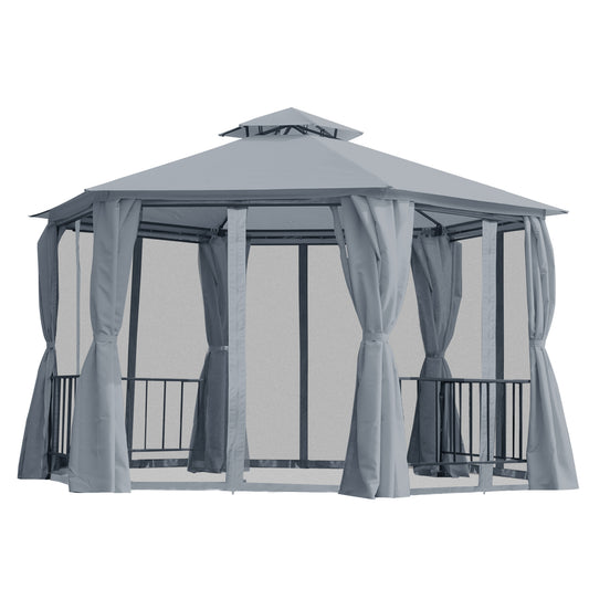 13' x 13' Patio Gazebo, Double Roof Hexagon Outdoor Gazebo Canopy Shelterwith Netting & Curtains, Solid Steel Frame for Garden, Lawn, Backyard and Deck, Grey