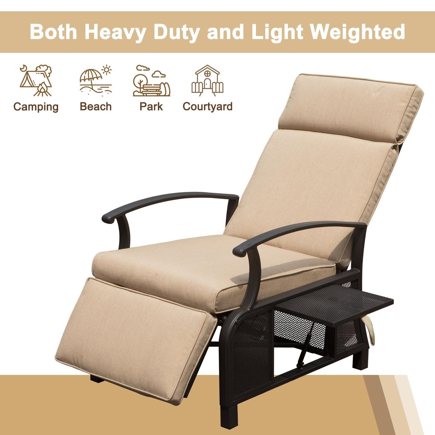 Adjustable Patio Recliner Chair Metal Outdoor Lounge Chair with Flip Table Push Back, Adjustable Angle, 6.8'' Removable Cushions, Support 350lbs, Beige