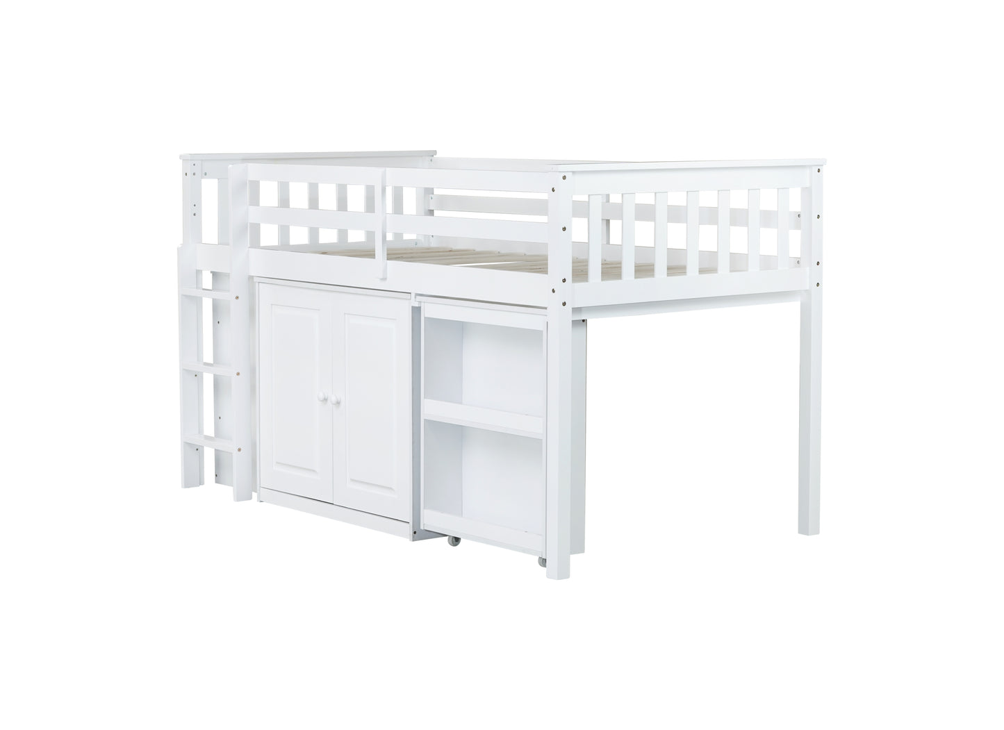 Twin Loft Bed with Storage Cabinet, Drawer and Shelf Cabinet and Pulling-Out Desk, Rubber Wood Loft Bed with Safety Guardrail, Ladder,White