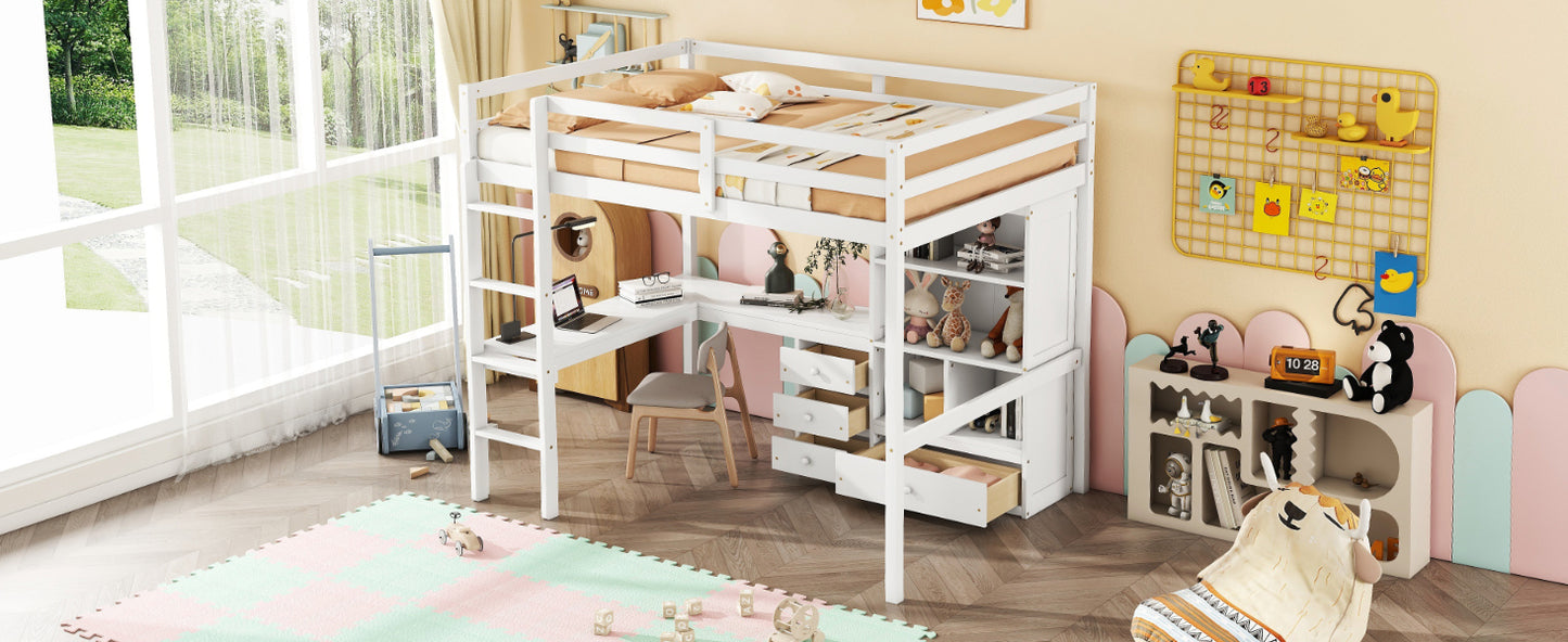 Full Size Loft Wood Bed with Desk, Storage shelves and Drawers, Built-in Ladder, High Loft Bed with Desk, Storage Shelves and Drawers,Guardrails,White