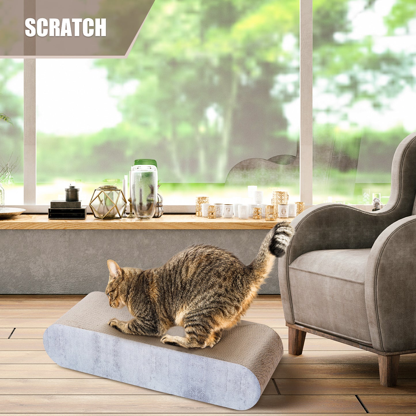 Fluffydream Cat Scratcher, Cardboard Lounge Bed, Bone Shape Design, Recyclable Corrugated Scratching Pad, Stable and Durable, Furniture Protector, Reversible, Grey