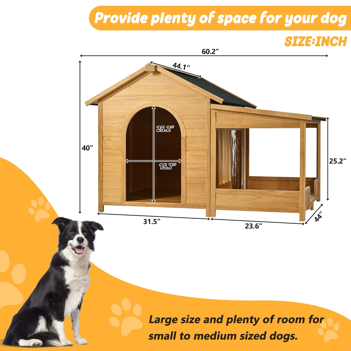 60.2" Large Wooden Dog House with Porch, Cabin Style Dog Crate with Asphalt Roof and Elevated Floor, Dog Kennel with Side Window and Doors, Perfect for Medium & Large Dogs, Nature