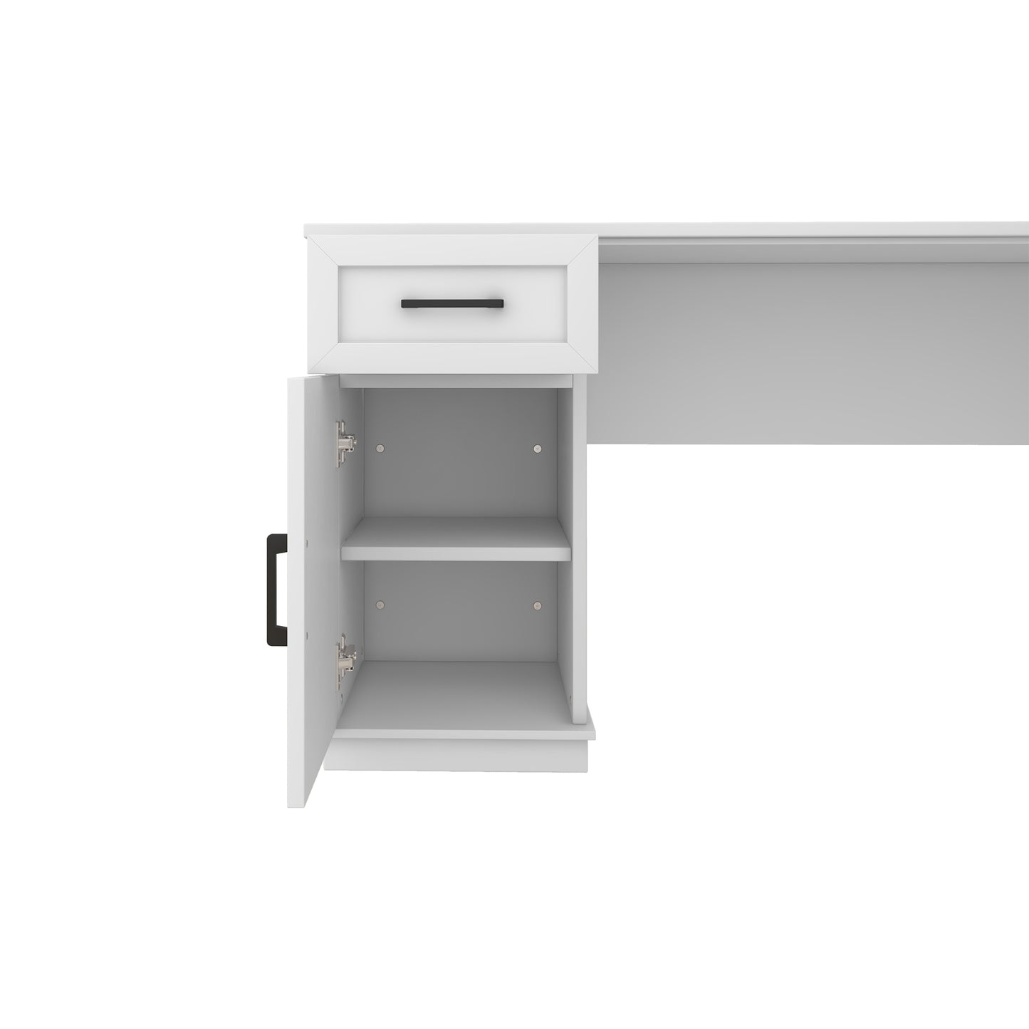 L-shaped computer desk with 2 cabinets and 2 drawers underneath the table, 11 open shelves and a flip-up shelf with storage on the right side, suitable for study, living room and office, White