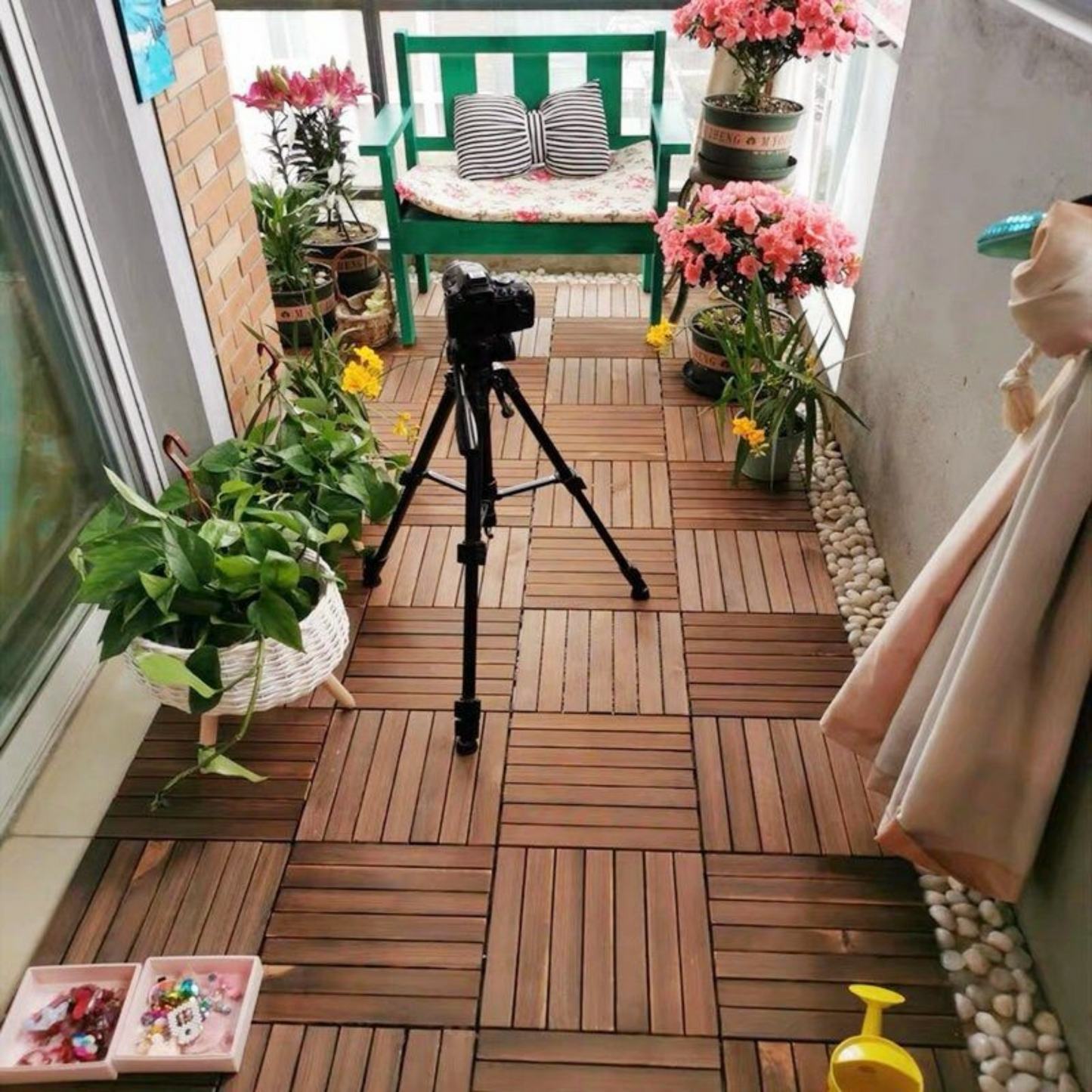 30 PCS Interlocking Deck Tiles Striped Pattern, 12" x 12" Square Acacia Hardwood Outdoor Flooring for Patio, Bancony, Pool Side,...