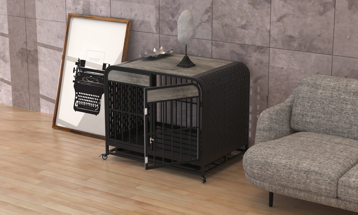 Heavy Duty Dog Crate Furniture Wooden Table Pet Dog Cage Kennel House Indoor Side End Table Decor with Removable Trays and Lockable Wheels for Small Dogs 33" Grey