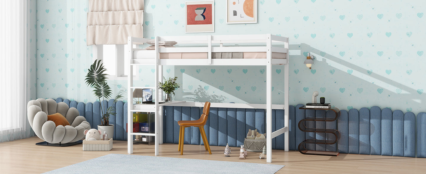 Twin High Loft Bed, Rubber Wood  Loft Bed with Safety Guardrail, built-in desk, ladder,White