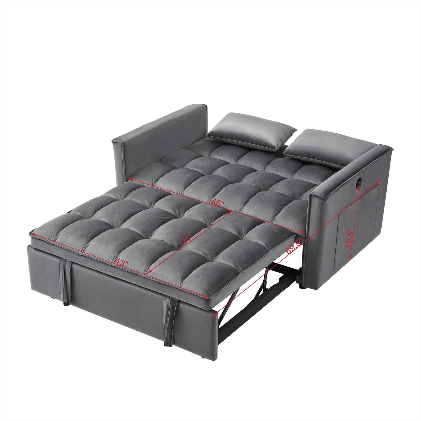 [SantaChoice] Sleeper Sofa Bed w/USB Port, 3-in-1 adjustable sleeper with pull-out bed, 2 lumbar pillows and side pocket, soft velvet convertible sleeper sofa bed, suitable for living room bedroom