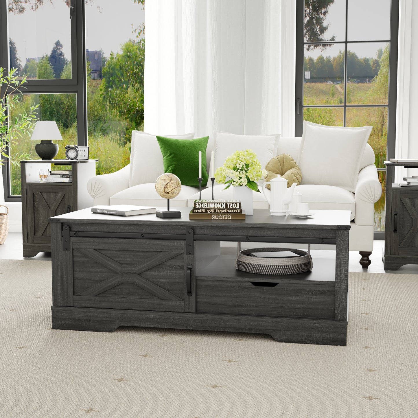 Farmhouse Sliding Barn Door Coffee Storage Large Rectangular Table - Dark Gray