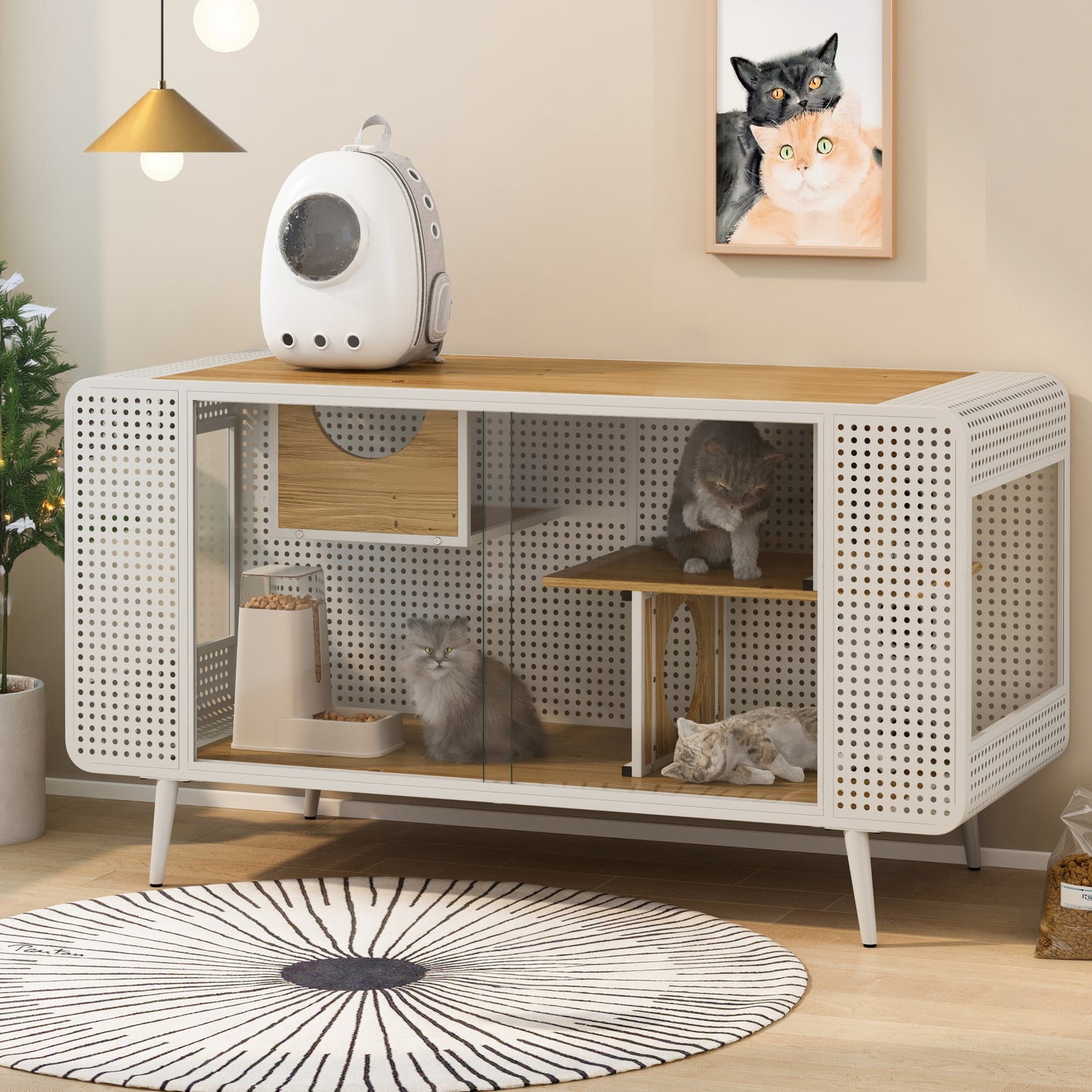 55.12 "Spacious Cat House with Tempered Glass, for Living Room, Hallway, Study and Other Spaces (White)