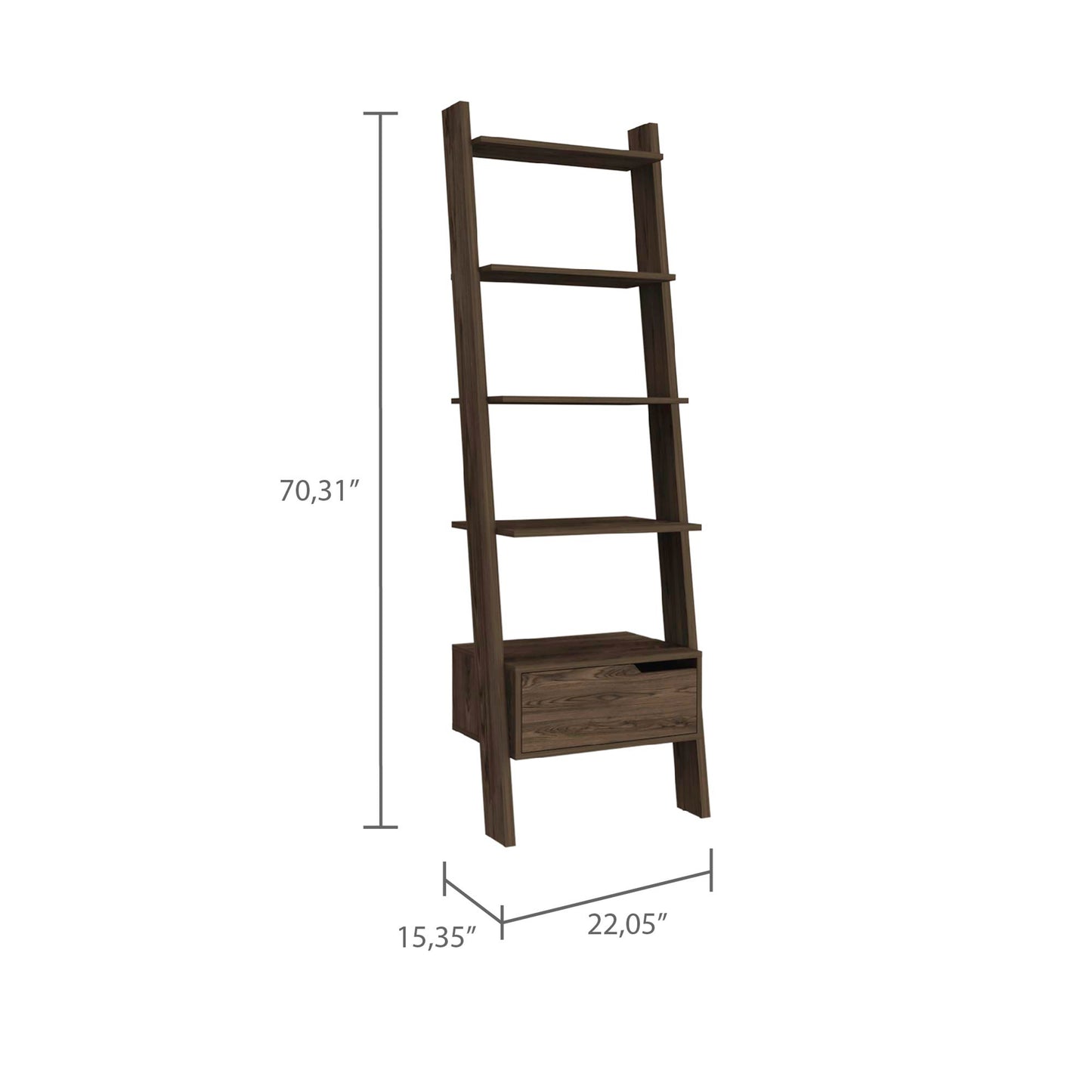 Oslo Ladder Bookcase, Four Legs, One Drawer, Five Open Shelves -Dark Walnut