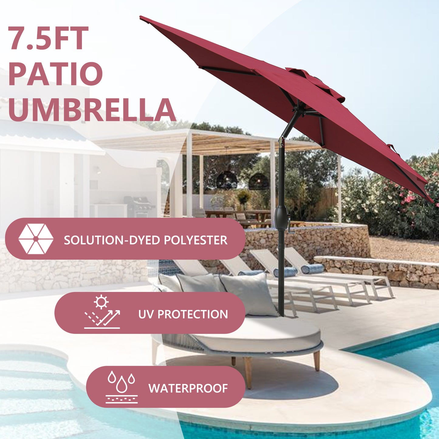 7.5ft * 7.5ft Patio Umbrella with Crank and Push Button Tilt, Outdoor Table Market Umbrella with Aluminum Pole - Red