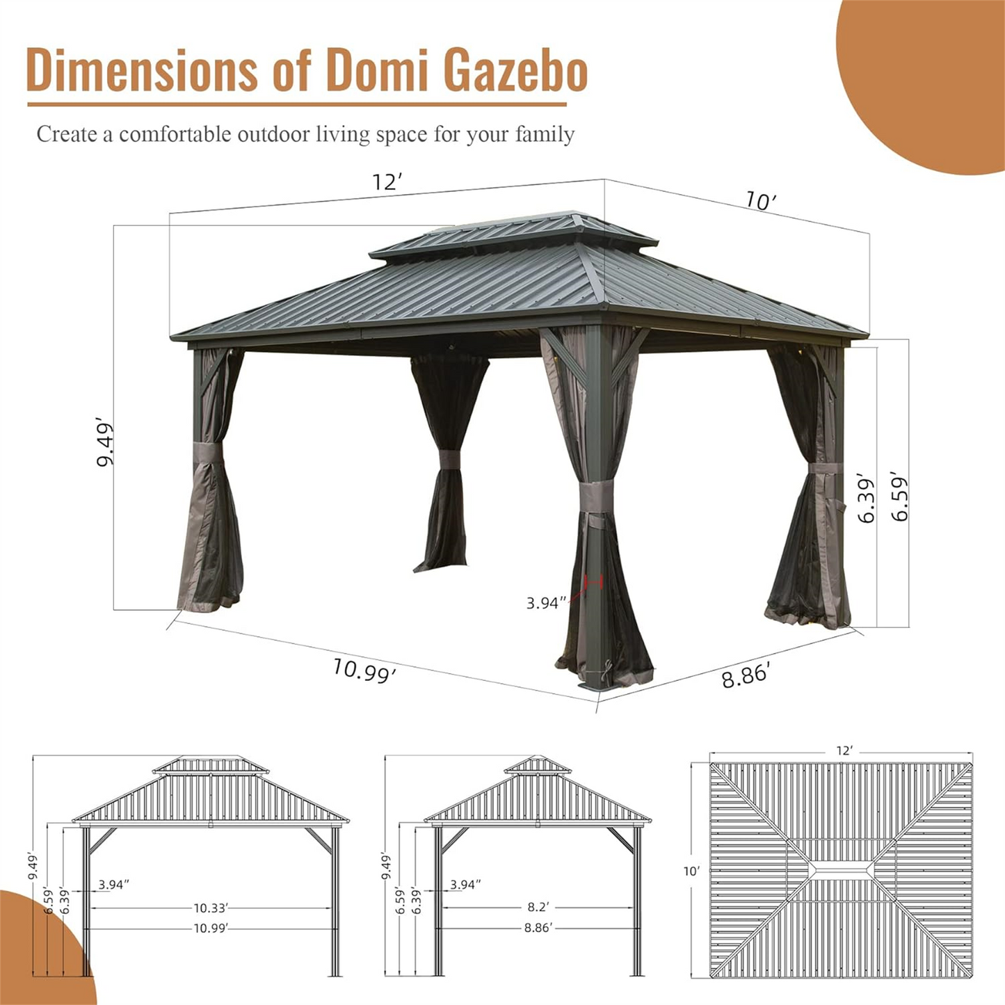 [SantaChoice] 10' X 12' Hardtop Gazebo, Aluminum Metal Gazebo with Galvanized Steel Double Roof Canopy, Curtain and Netting, Permanent Gazebo Pavilion for Patio, Backyard, Deck, Lawn