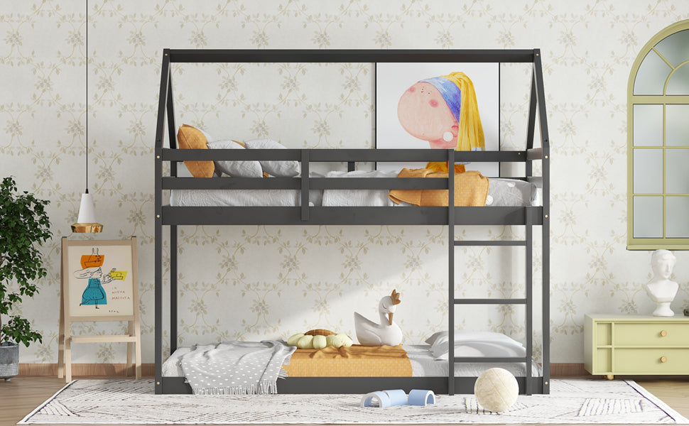 Twin over Twin Rubber Wood Floor Bunk Bed, with ladder,Guardrails,House-Shaped-Bunk Bed, Black