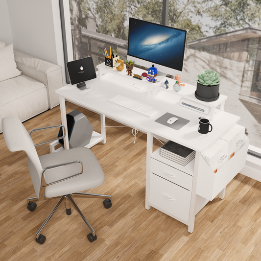 47"office desk with power outlet,2 Monitor Stands,2 drawers,Side Pocket,Easy to Assemble,Frame stability Reversible,use for home desk, computer desk, game table,White