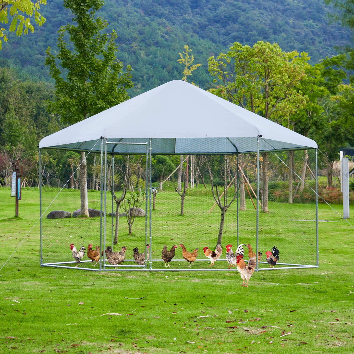 Large metal chicken coop hexagonal, steel wire dipped plastic mesh, oxford cloth silver plated waterproof and UV resistant, ducks, rabbits, sheep and birds outdoor house.(13.1*8.6ft)