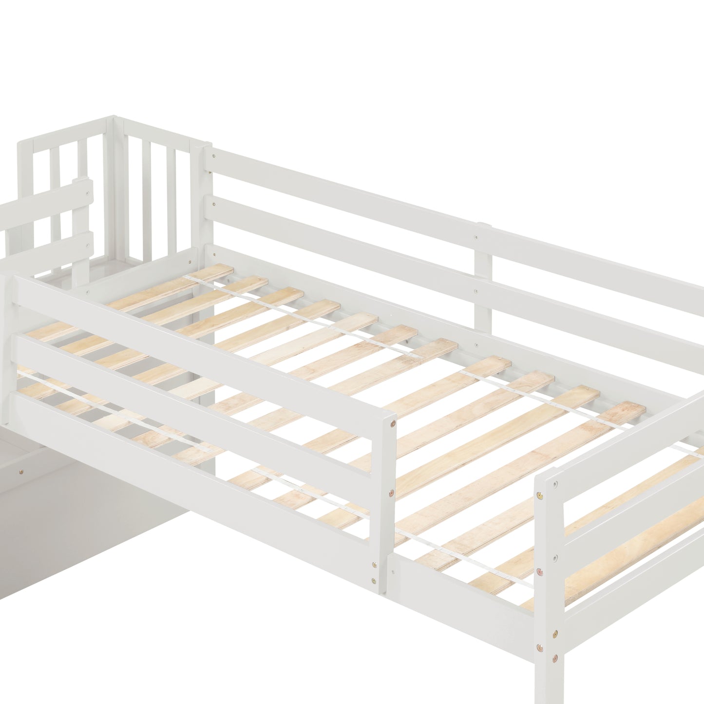 Loft Bed with Staircase, Storage, Slide, Twin size, Full-length Safety Guardrails, No Box Spring Needed, White (Old Sku:W504S00004)