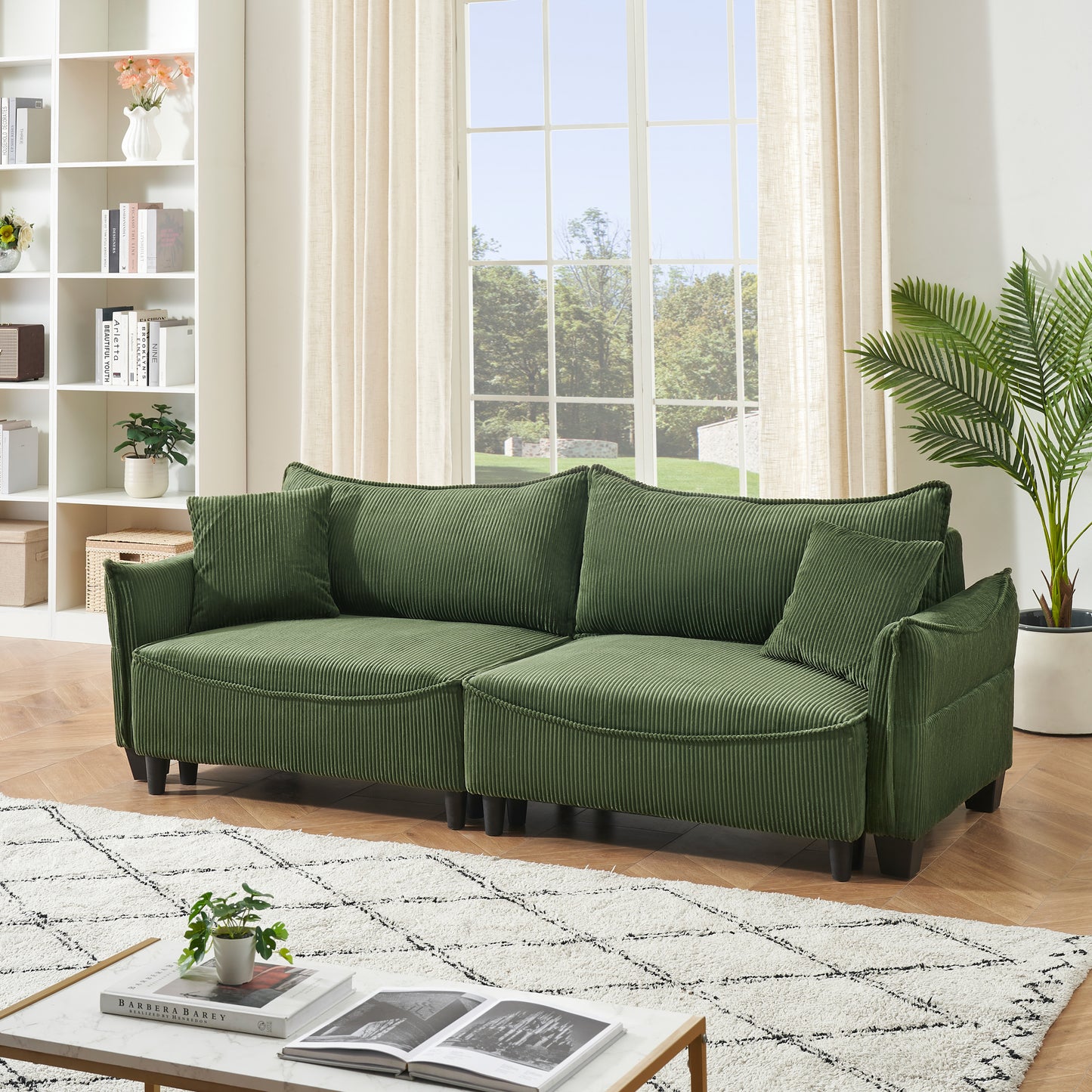 Sofa Showcasing Green Corduroy Fabric, Transformable into Sofa Bed with Two Throw Pillows: Ideal for Living Rooms & Diverse Scenes