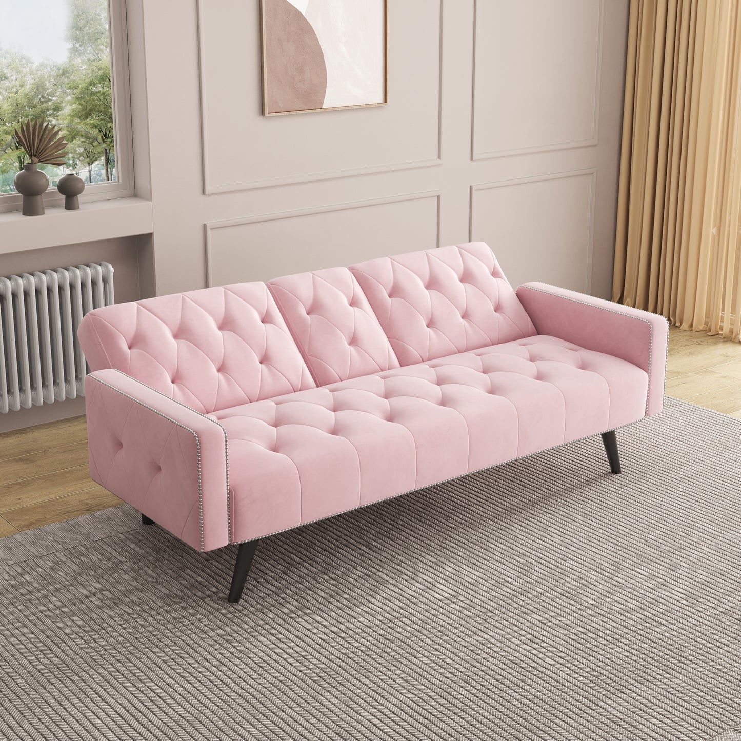 [SantaChoice] 1730 Sofa Bed Armrest with Nail Head Trim with Two Cup Holders 72" Pink Velvet Sofa for Small Spaces