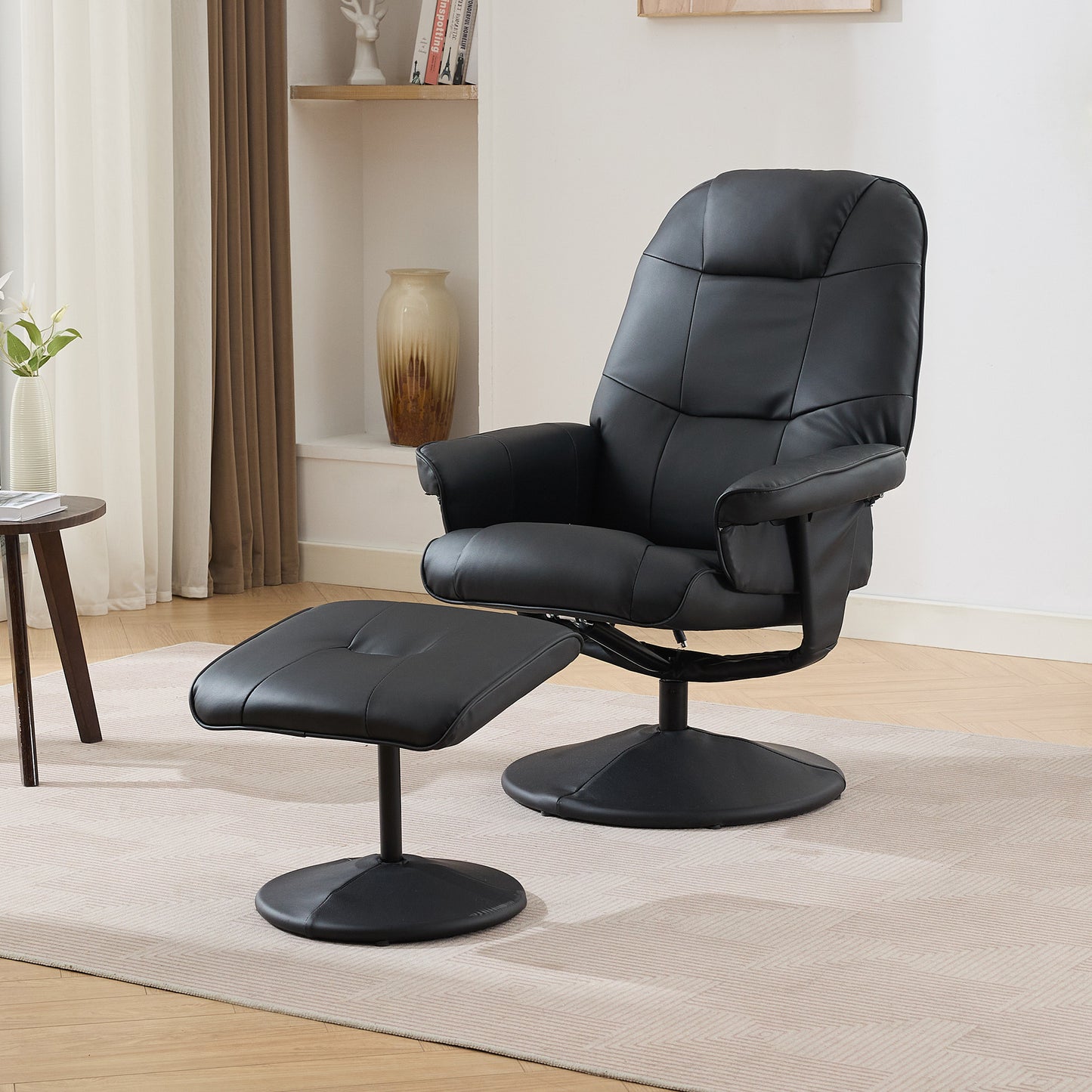 011-Massage Recliner Chair with Ottoman, 360° Swivel PU Leather Reclining Chair with Wrapped Base, 5 Point Vibration Massage, Seat Heating and 140° Adjustable Backrest for Home or Office, Black