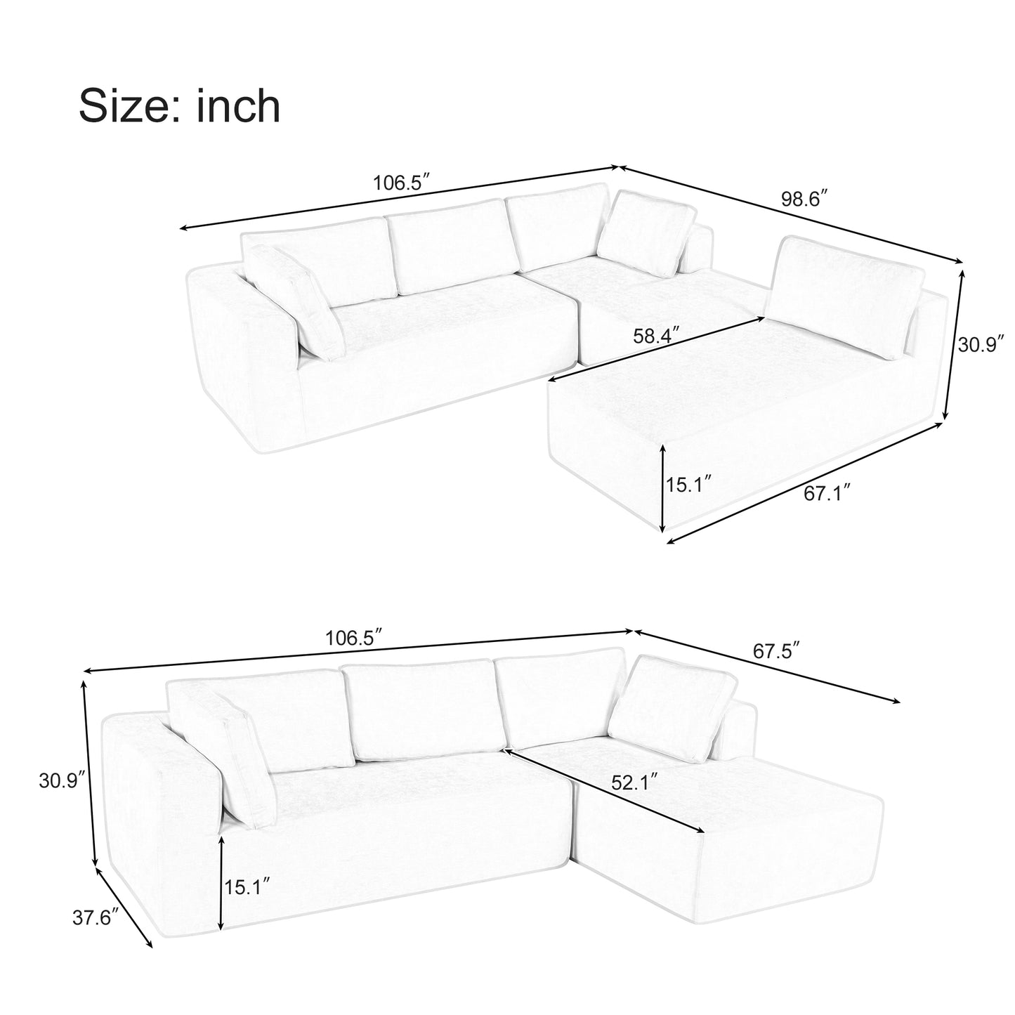 U_Style Modern Large Modular Sectional Sofa for Living Room, Bedroom, Salon, 3 Piece Free Combination