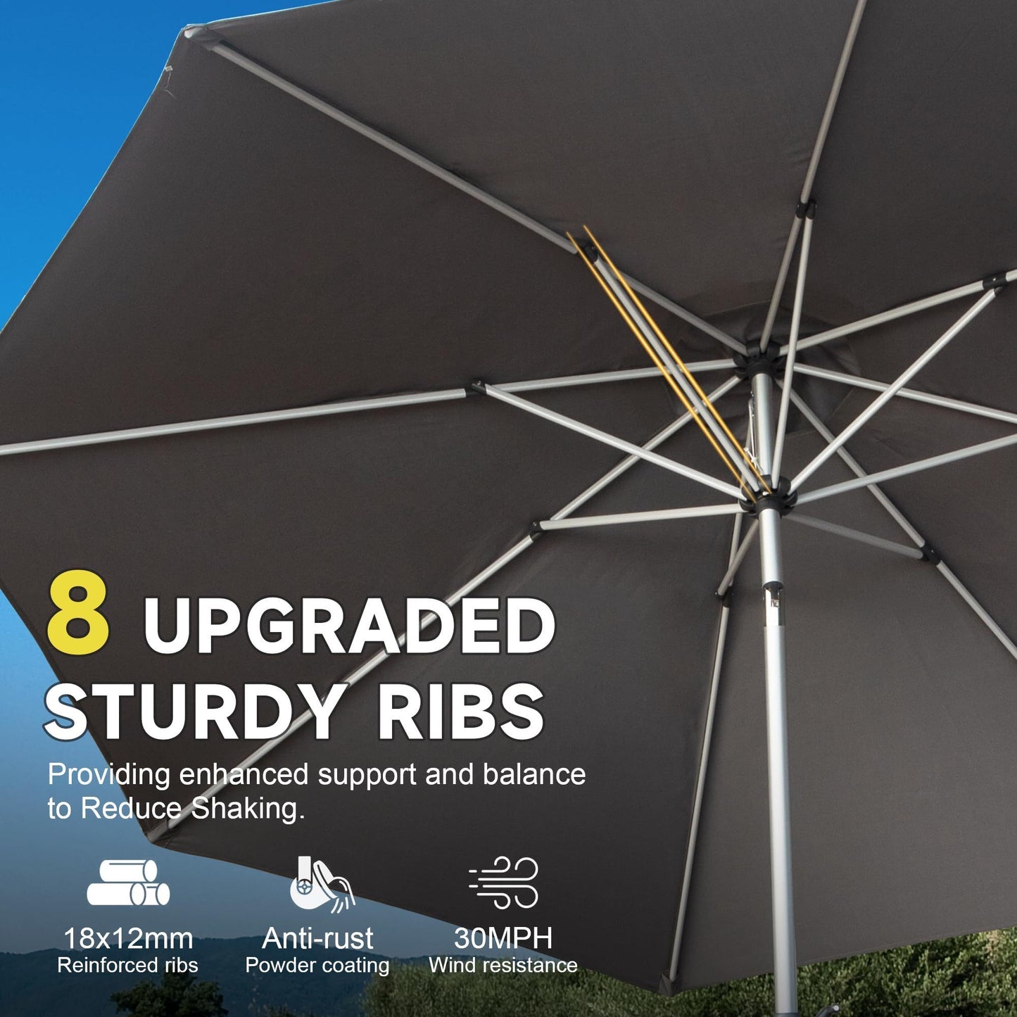 [SantaChoice] 9FT Patio Umbrella, Outdoor Table Umbrella with Push Button Tilt and Crank, UV Protection Waterproof Market Sun Umbrella with 8 Sturdy Ribs for Garden, Deck, Backyard, Pool (Gray)