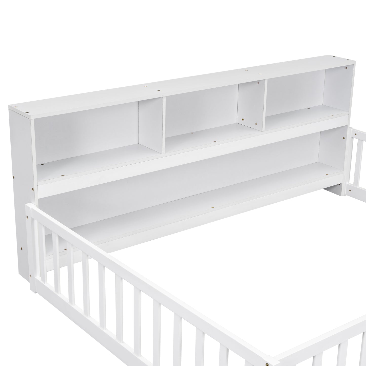 Full Floor Bed with Side Bookcase,Shelves,Guardrails,White