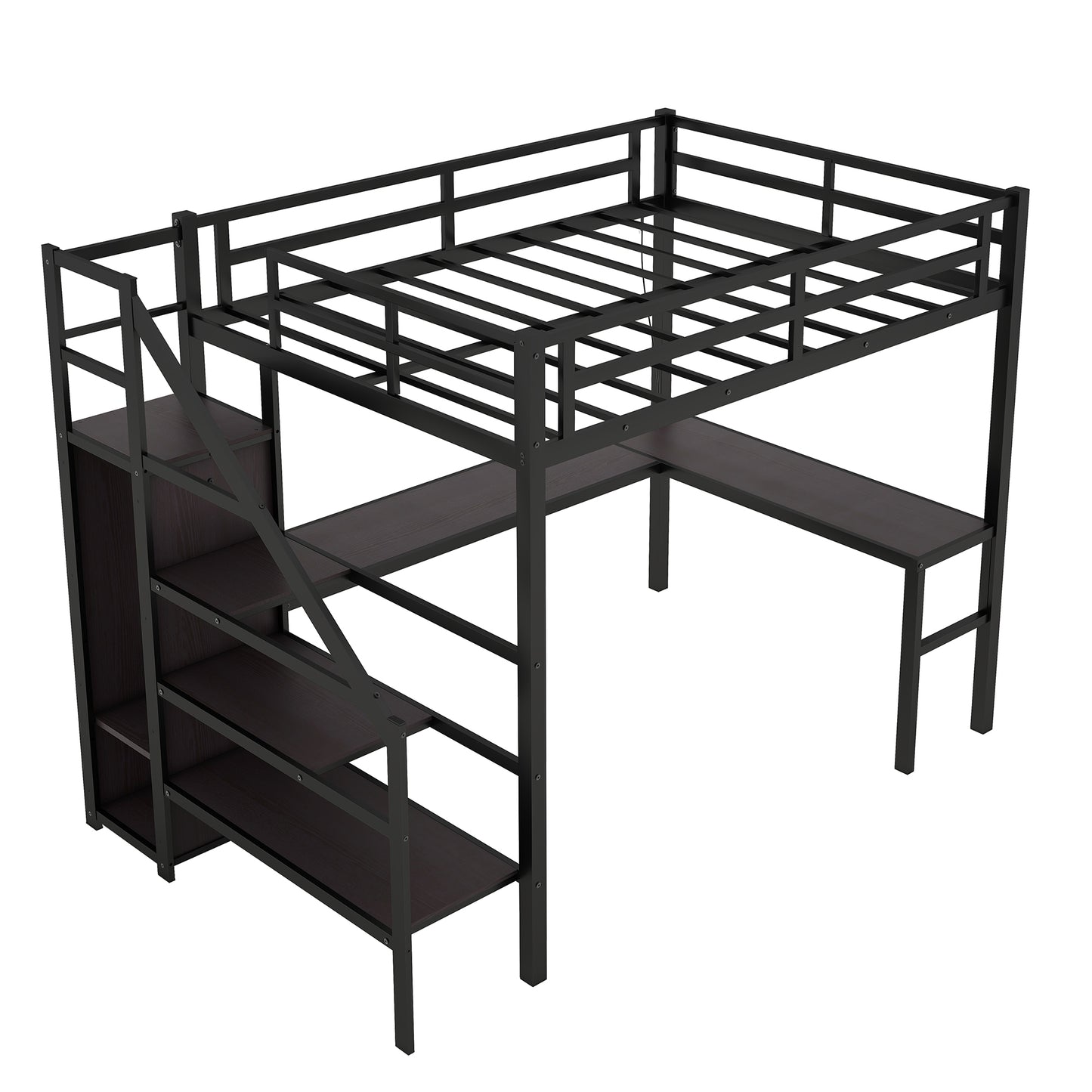 Twin XL Size Loft Bed with L-shaped Desk and USB, Metal Loft Bed with Wardrobe and Adjustable Shelf, High Loft Bed with LED for Kids Teens Adults, Black