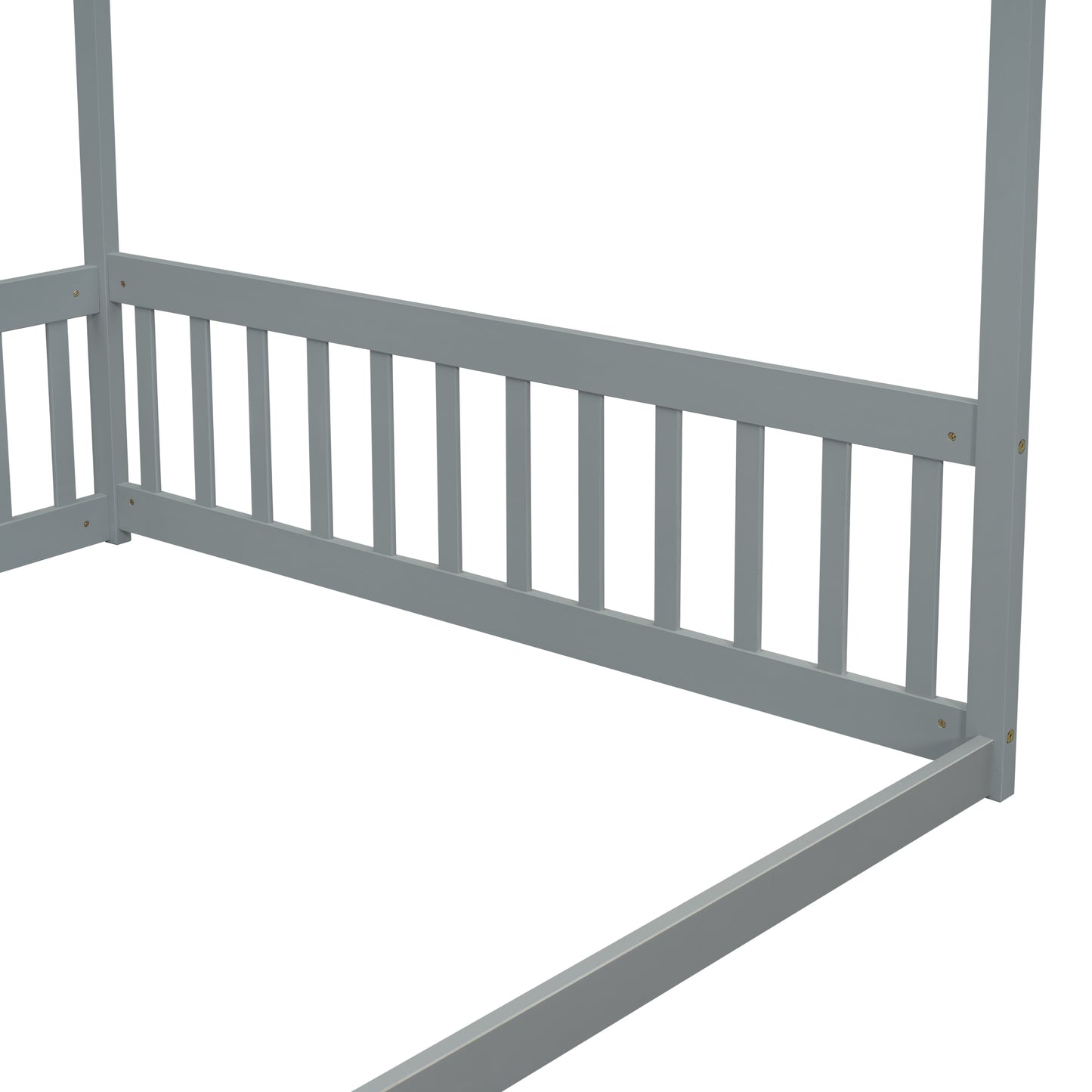 Full Size Canopy Frame Floor Bed with Fence, Guardrails,Grey