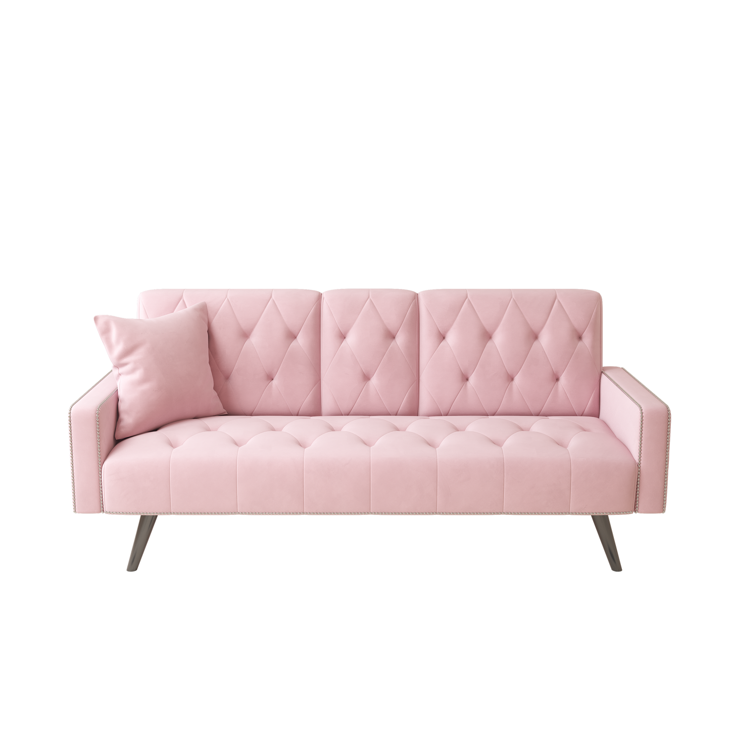 [SantaChoice] 1730 Sofa Bed Armrest with Nail Head Trim with Two Cup Holders 72" Pink Velvet Sofa for Small Spaces