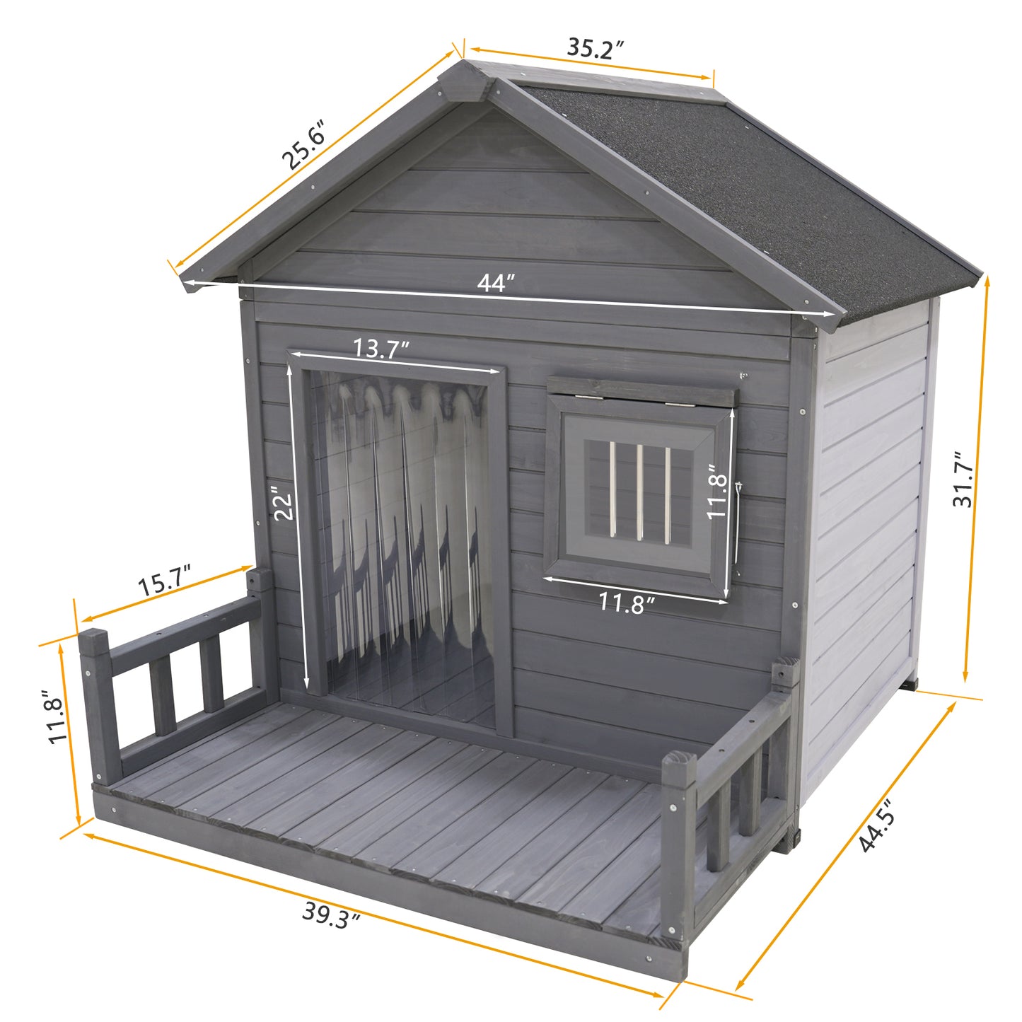 Large dog house, 44.2" long x 44.6" wide x 44.6" high solid wood asphalt roof dog house for large dogs with large terrace, weatherproof large dog house