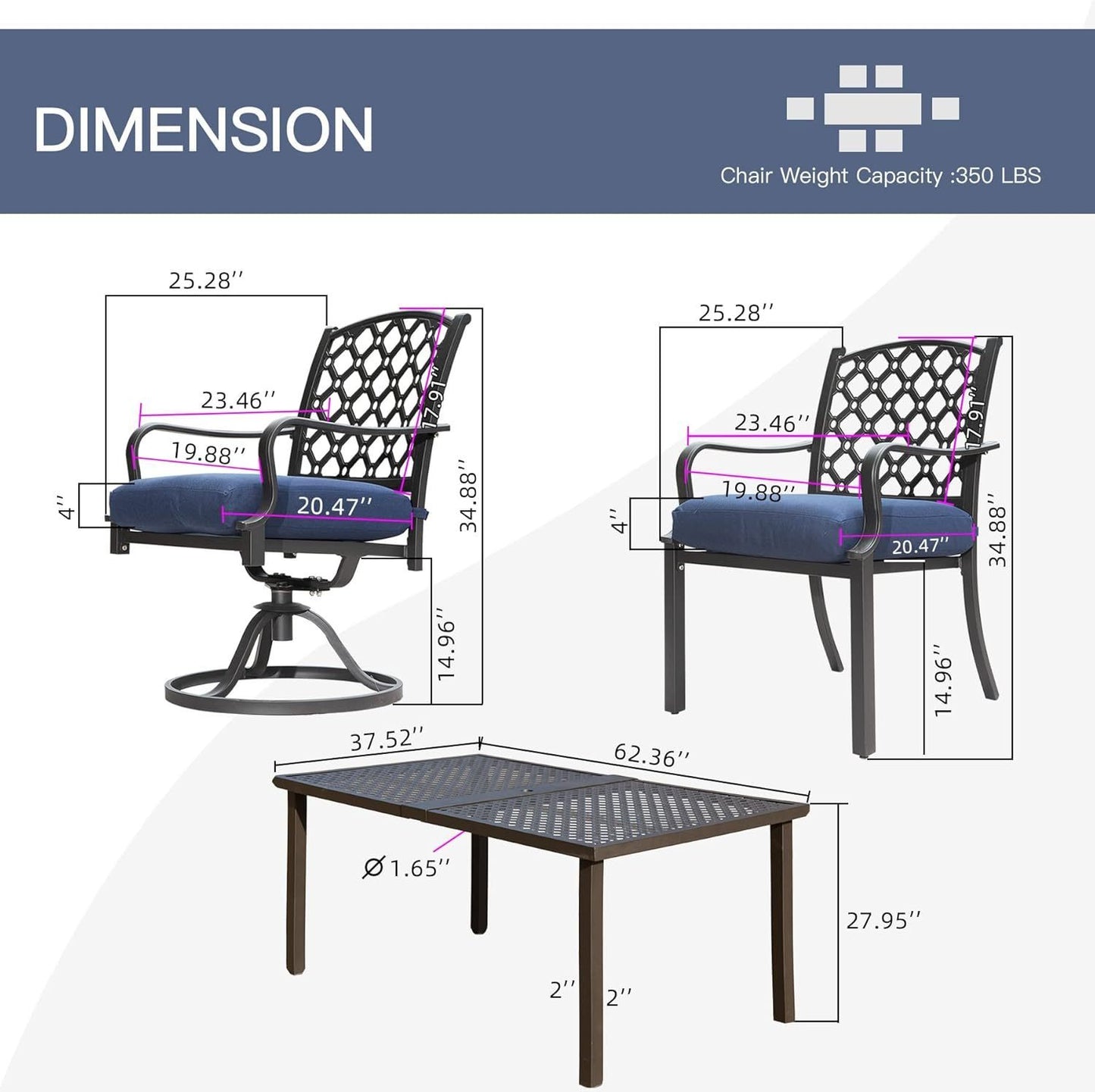 Outdoor 7 pcs Patio Dining Set, Metal Dining Table, Swivel and Dining Chairs Conversation Set with Removable Navy Blue Cushions for Garden Lawn Yard