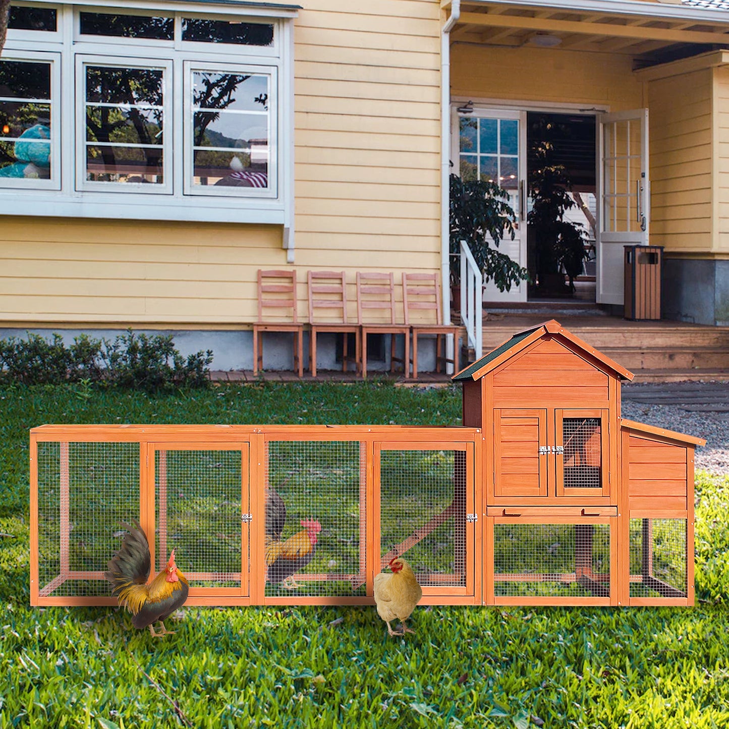 121＂Large outdoor Wooden Chicken Coop, Hen House with Nest Box ,Wire Fence Poultry Cage