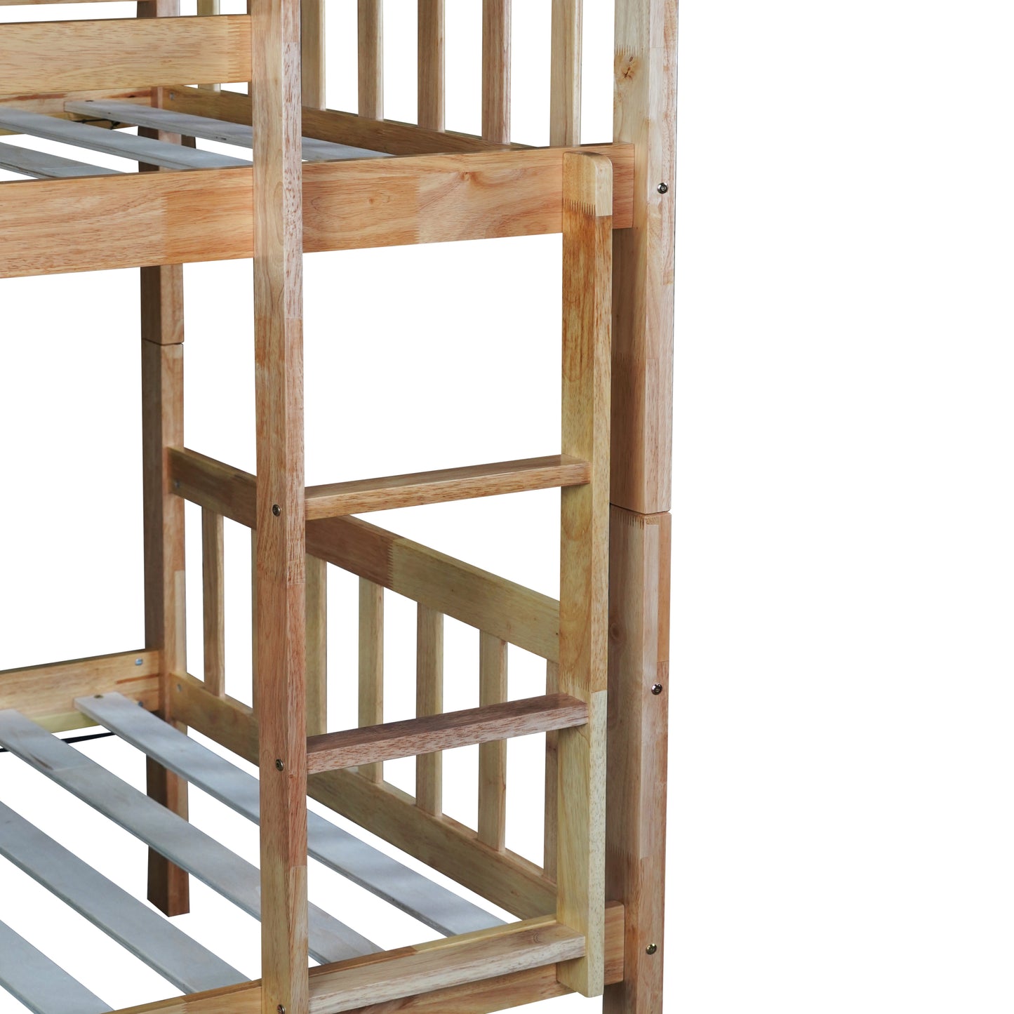 Twin Over Twin Rubber Wood Bunk Bed with Trundle, Convertible into 2 Twin Size Beds, Twin Size Bunk Bed with Ladder and Safety Guardrails,Natural