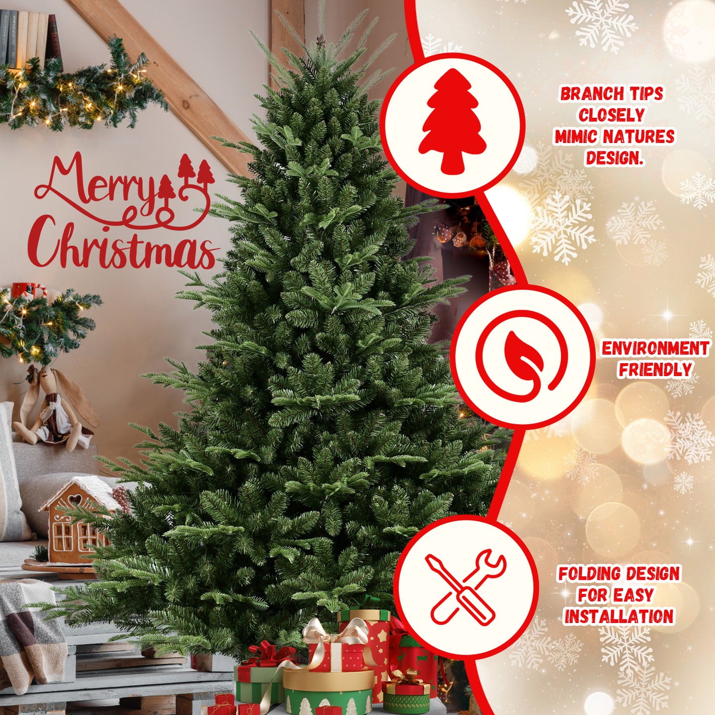 8FT Christmas Tree Simulate Nature Advanced Materials Premium Hinged Spruce Artificial Douglas Firs Tree, Christmas Holiday Party Atmosphere Decoration New Year Celebration PE+PVC Xmas Tree