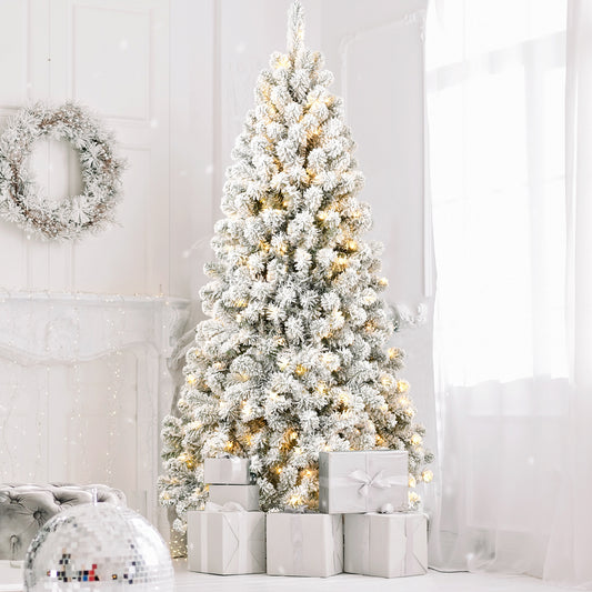 7FT Pre-lit Flocked Christmas Tree with 1,064 Memory Wire Tips – Effortlessly Fluffed, Perfectly Shaped, and Lit with 400 Warm  Incandescent Lights Bringing Lasting Elegance and Wase to Your Holiday