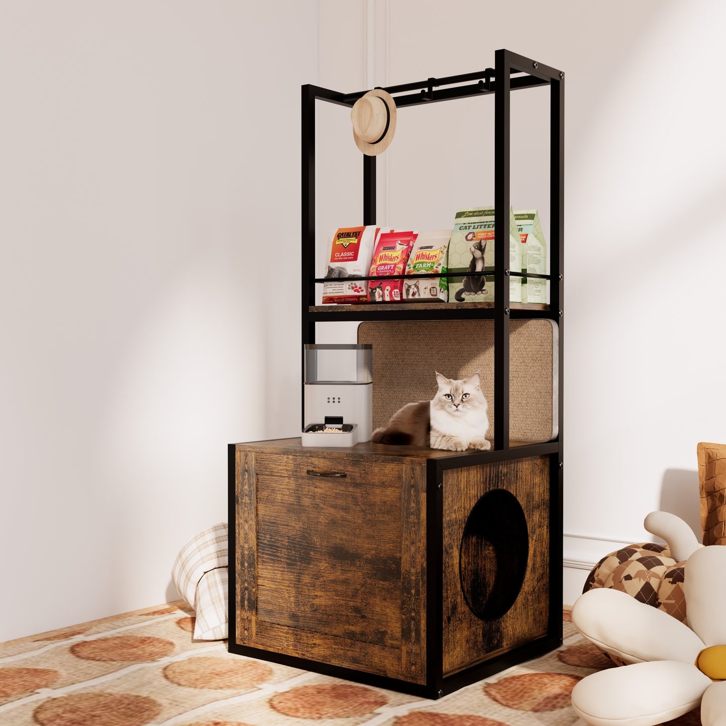 55"Refined Litter Box Enclosure with Storage Shelves and 2 Hanging Clothes Rack, 4-in-1 Hidden Cat Litter Box Enclosure Furniture with Shelf, Reversible Entrance,Rustic Brown