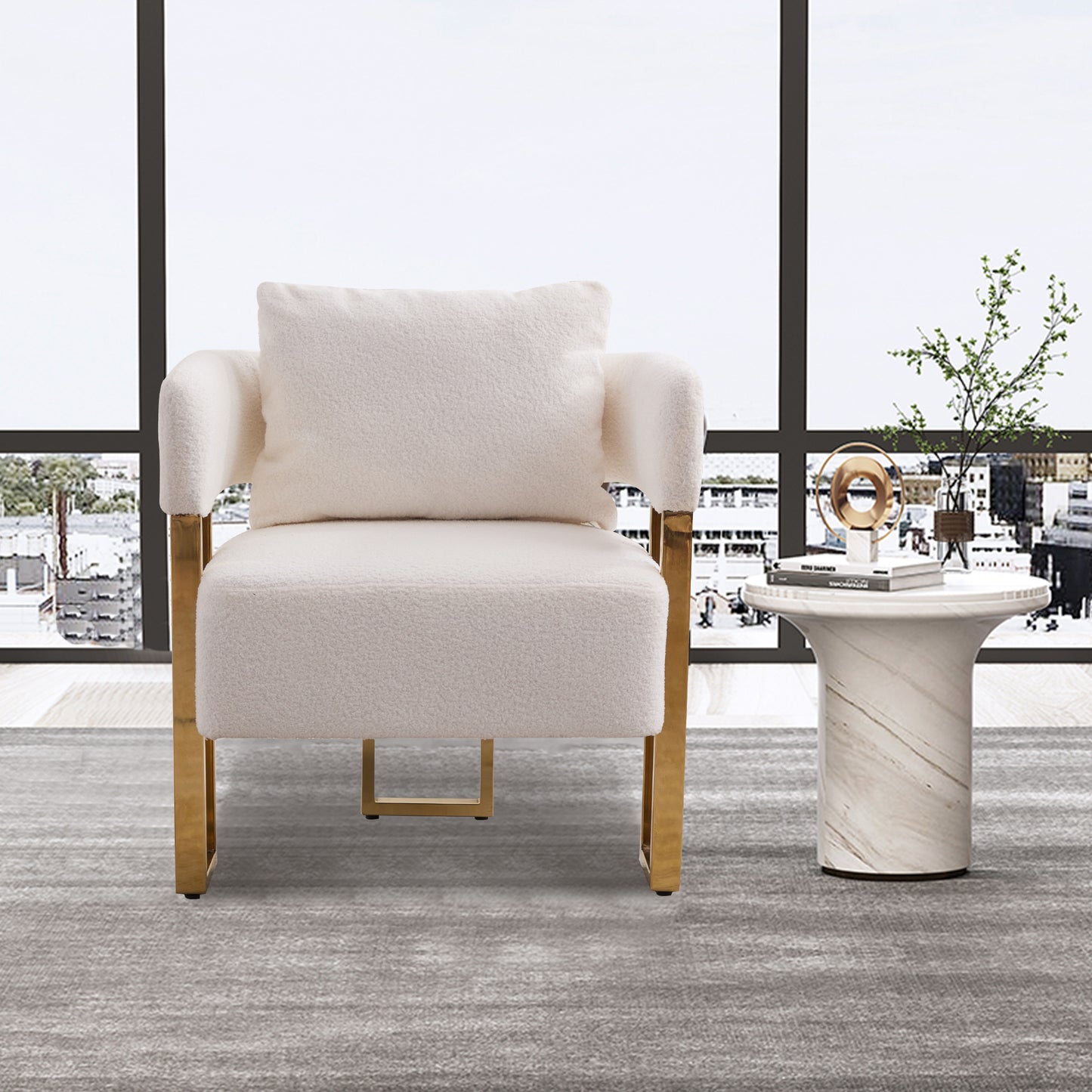 [SantaChoice] TS Modern decorative chair, living room side chair with gold metal legs, no wheels, suitable for dressing area, reception room, office,Teddy fleece upholstered metal foot sofa 1PC White