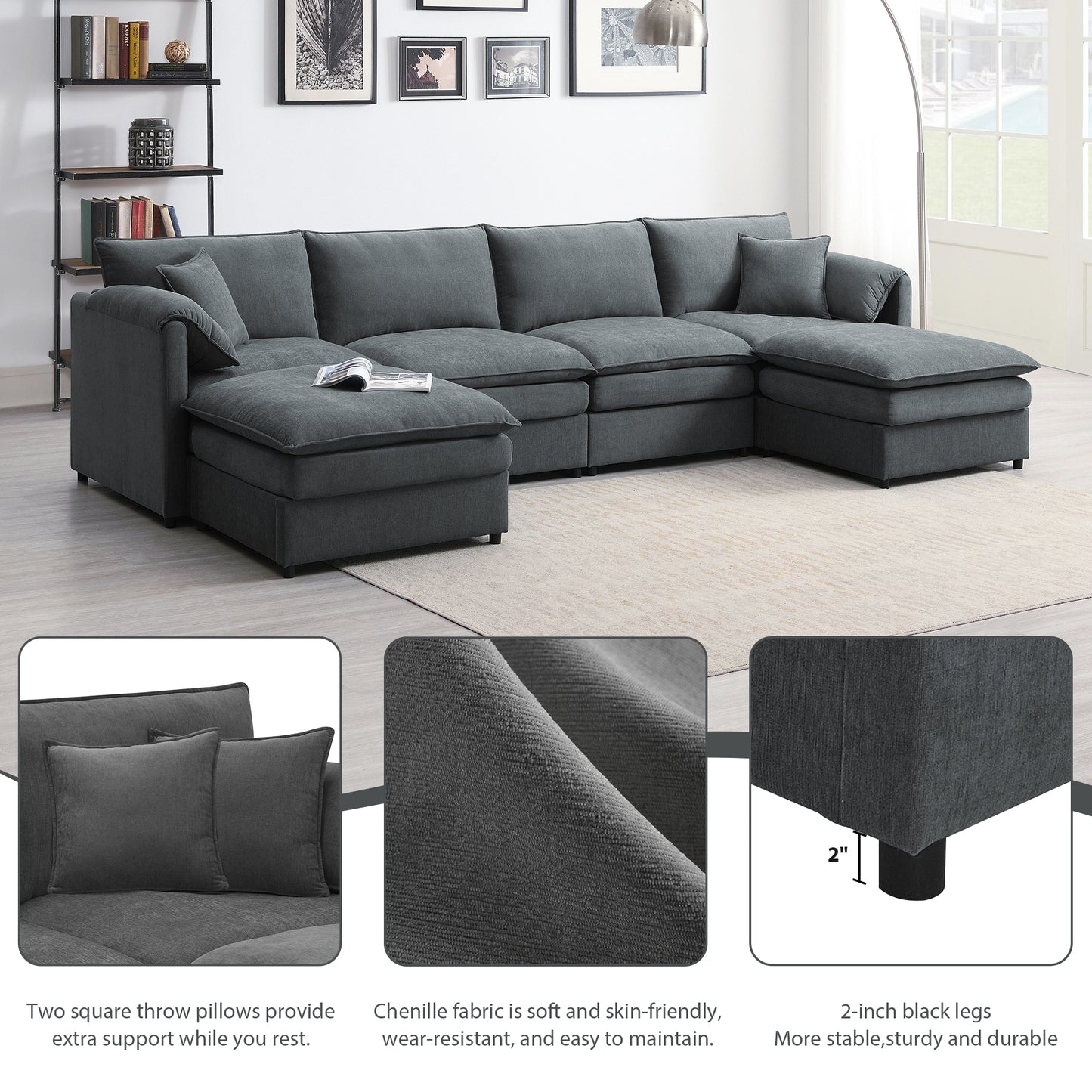 [SantaChoice] 134*66" Chenille Modular Sectional Sofa,U Shaped Cloud Couch Set with Double Cushions ,6 Seat Sleeper Sofa Bed with Ottomans,Oversized Indoor Furniture for Living Room, 3 Colors