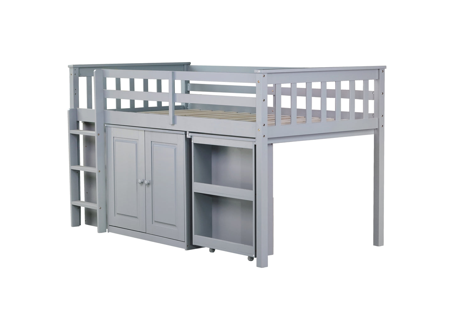 Twin Loft Bed with Storage Cabinet, Drawer and Shelf Cabinet and Pulling-Out Desk, Rubber Wood Loft Bed with Safety Guardrail, Ladder,Grey