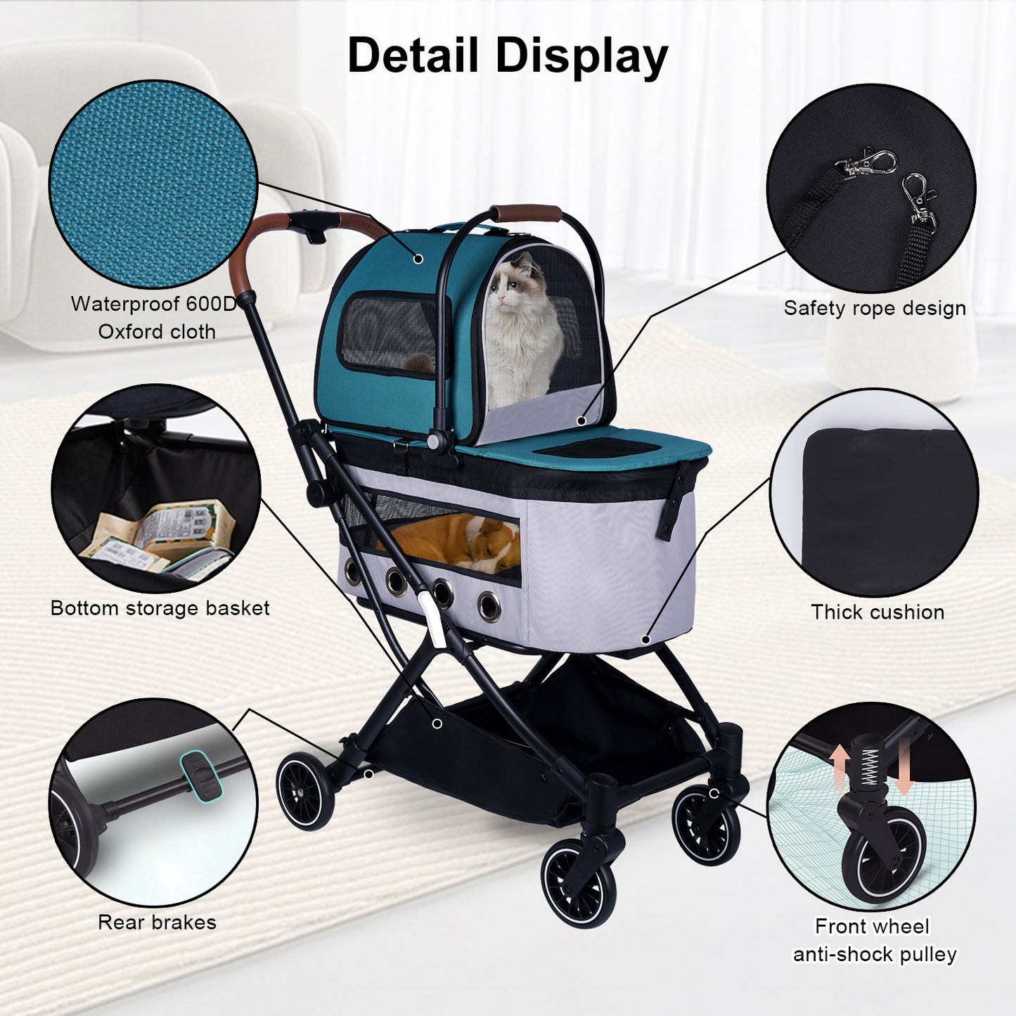 Automatic Folding Double Decker Pet Trolley, Separate Pet Trolley Lightweight Small and Medium Dog Cat Dog Trolley