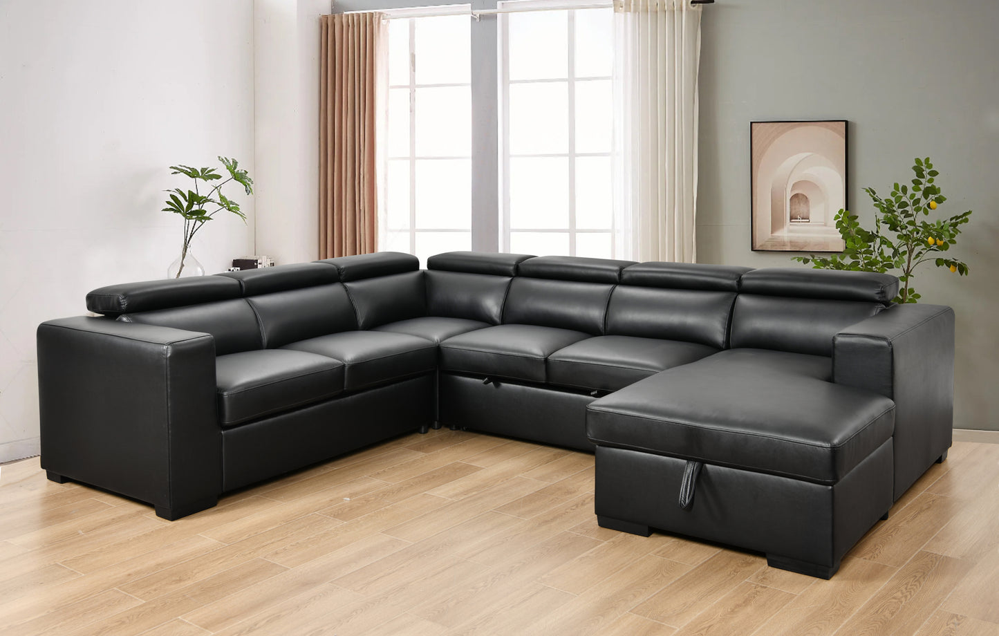 123" Modern U Shaped 7-seat Sectional Sofa Couch with Adjustable Headrest, Sofa Bed with Storage Chaise-Pull Out Couch Bed for Living Room ,Black