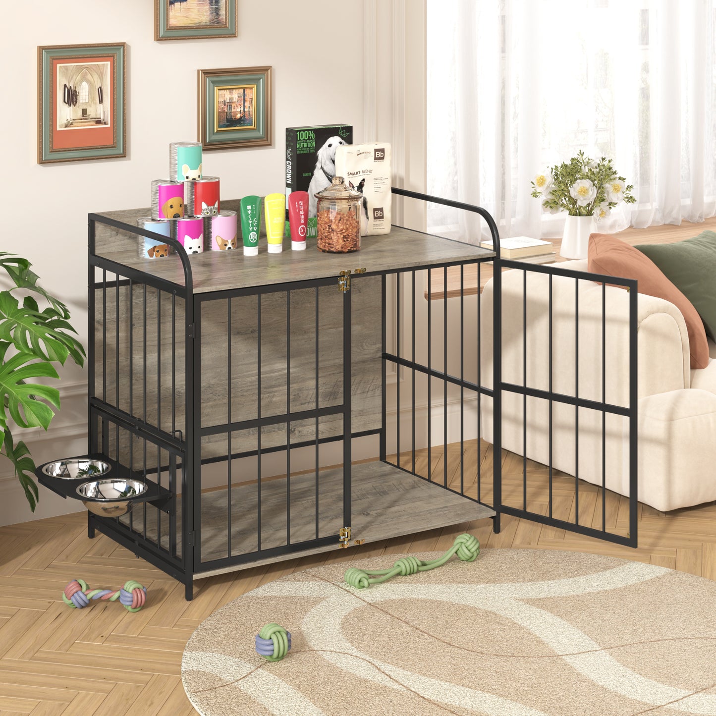 GO 39'' Indoor Metal Dog Crate with Double Doors, Wooden Side End Table Crate, Dog Crate Furniture with Adjustable Feeder Stand, for Medium Dog, Gray