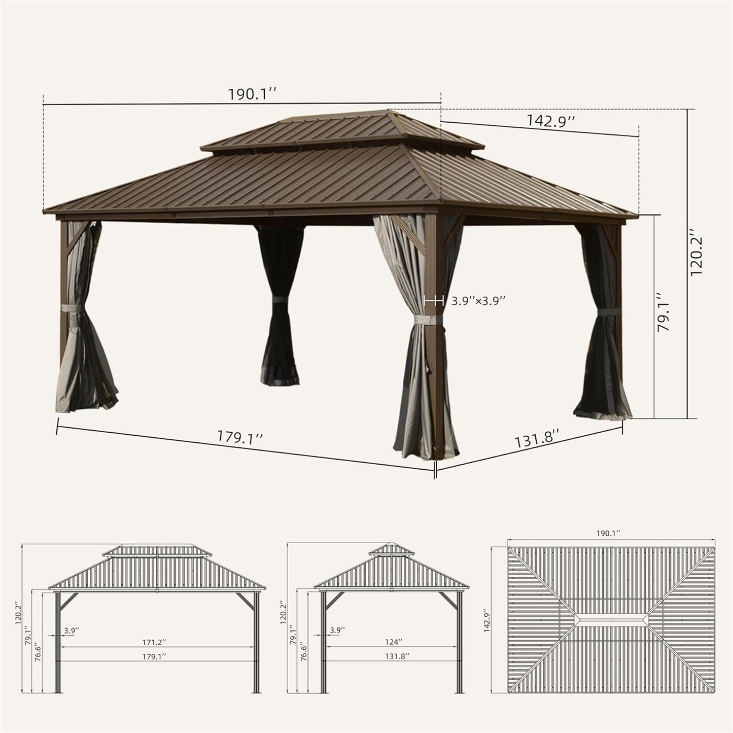 [SantaChoice] 12' X 16' Hardtop Gazebo, Aluminum Metal Gazebo with Galvanized Steel Double Roof Canopy, Curtain and Netting, Permanent Gazebo Pavilion for Party, Wedding, Outdoor Dining, Brown