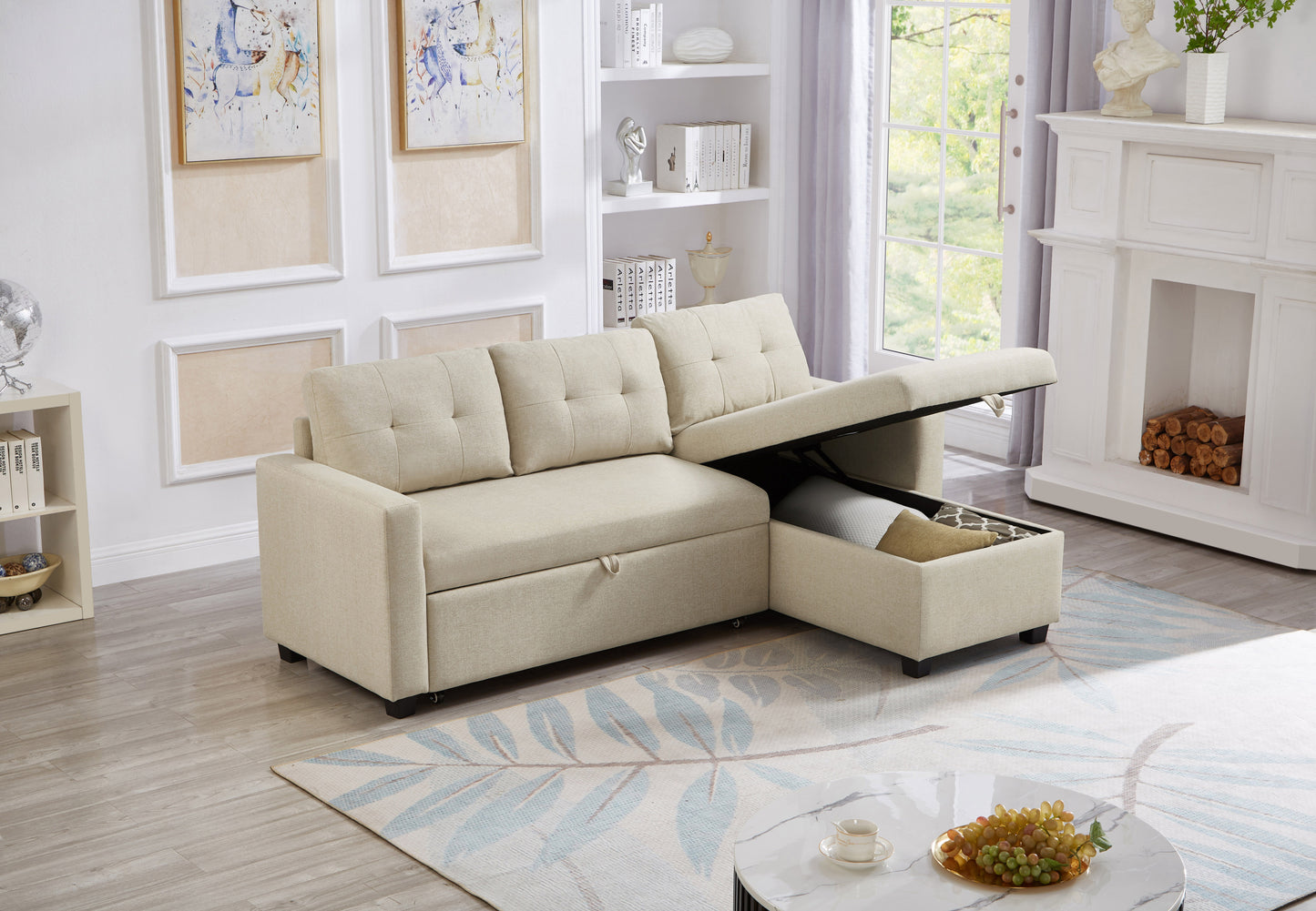 [SantaChoice] Upholstered Pull Out Sectional Sofa with Storage Chaise, Convertible Corner Couch, Beige