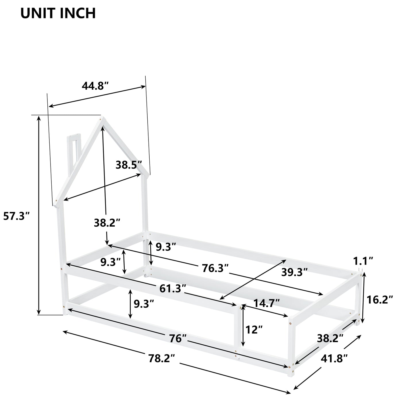 Twin Size Wood bed with House-shaped Headboard Floor bed with Fences,White