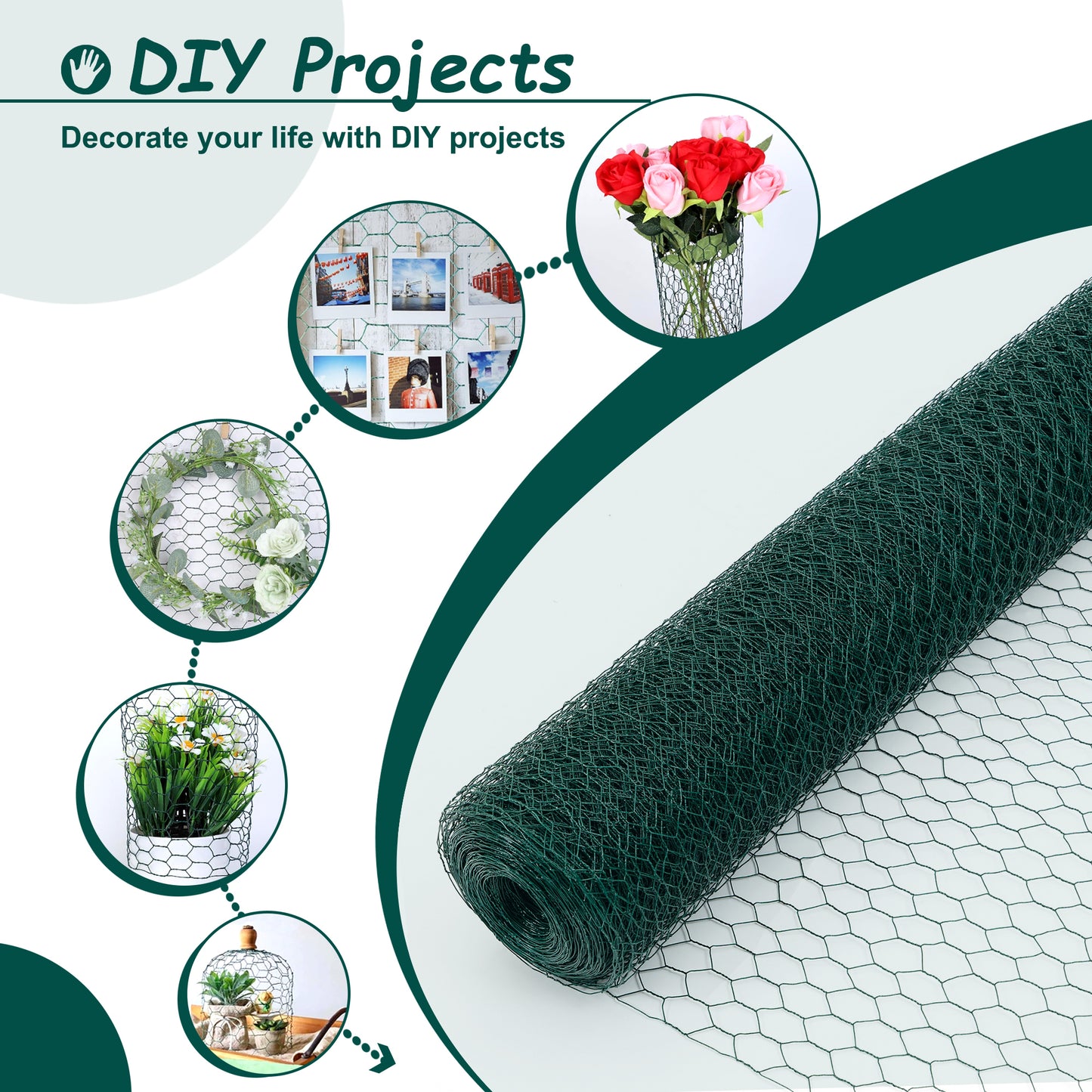 Large Size Galvanized Hexagonal Floral Green Chicken Wire, Outdoor Anti-Rust Chicken Wire Poultry Netting for Garden, Large Chicken Coop Wire Fencing 60M