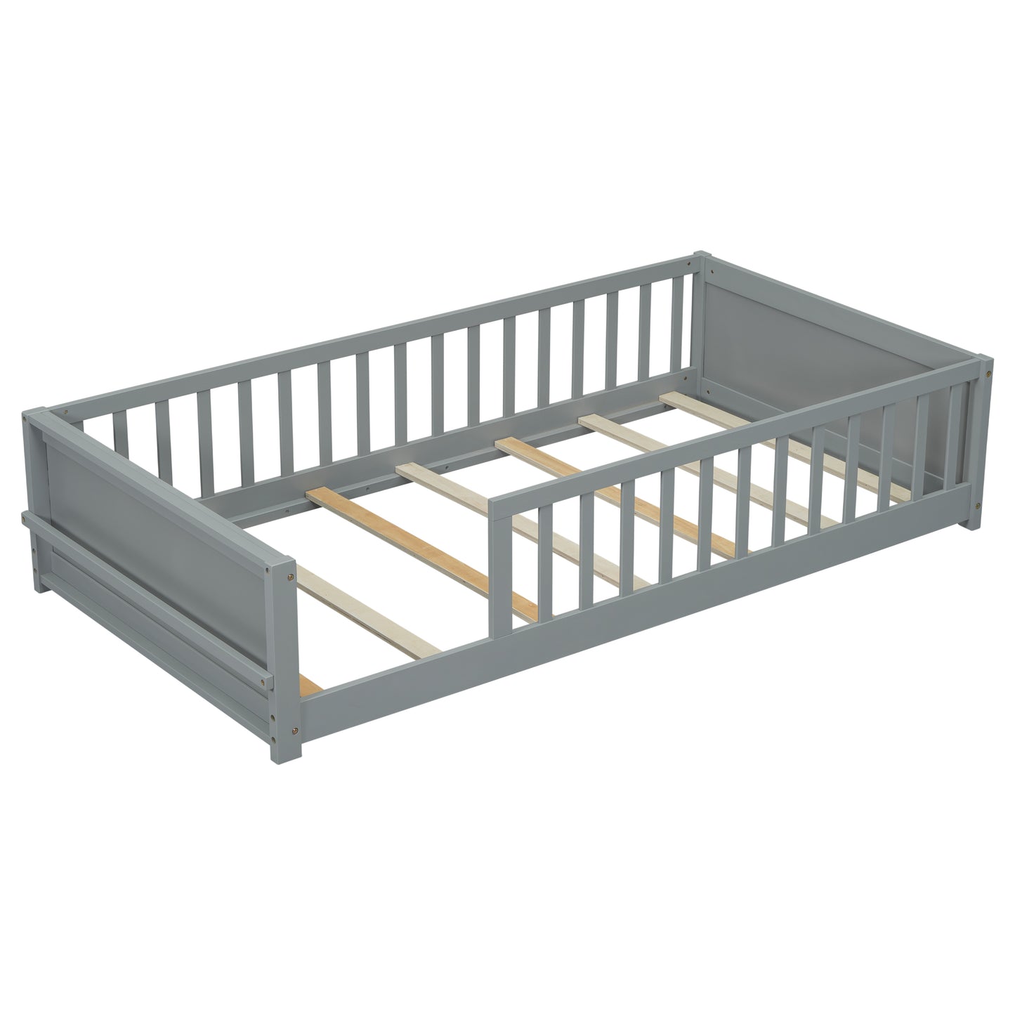 Twin size Floor Platform Bed with Built-in Book Storage Rack,Grey