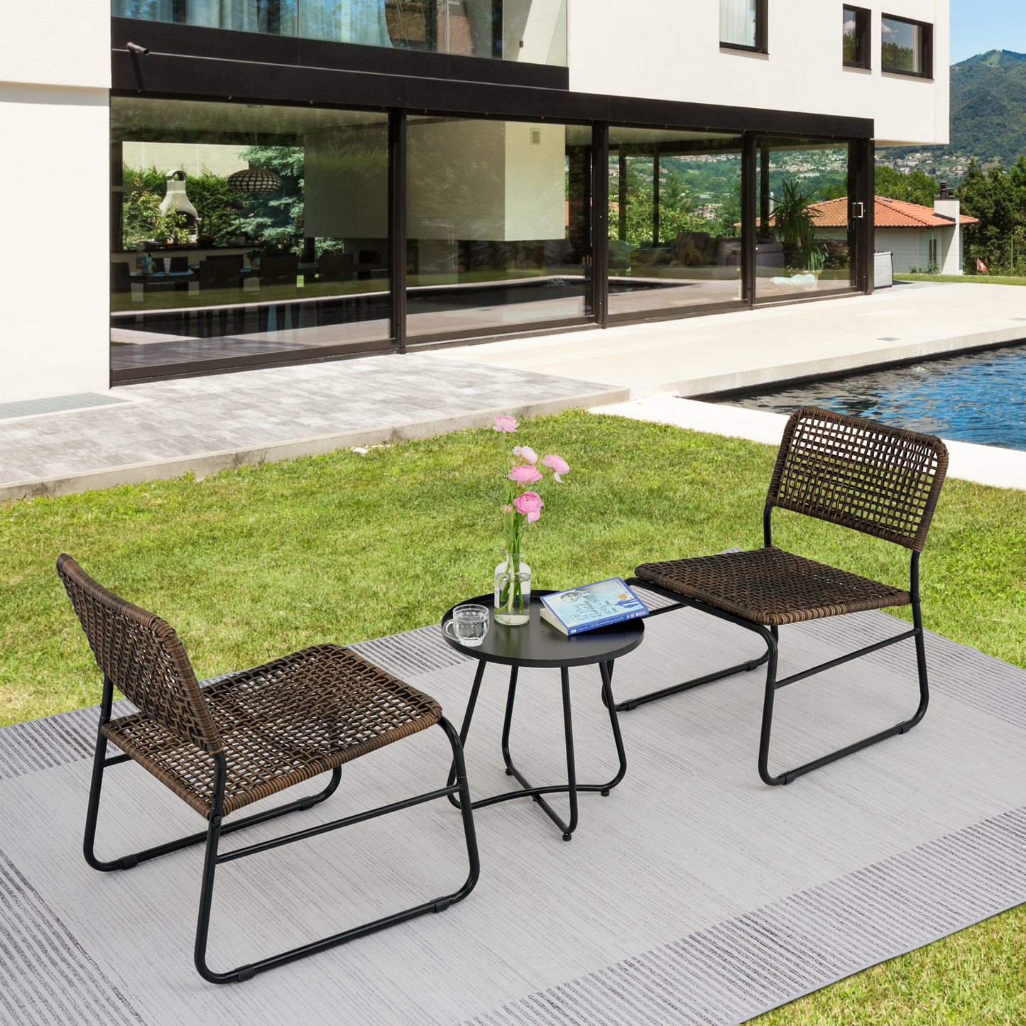 Patio Furniture Set 3 Piece Mixture Pattern PE Rattan Steel Frame And Modern Round Table, Brown and Black